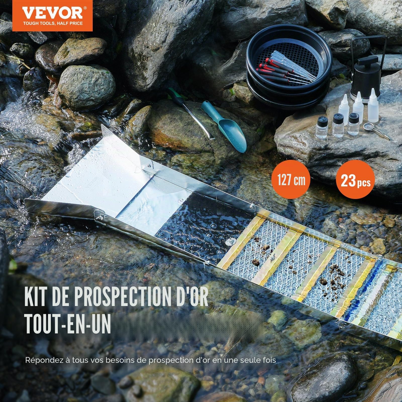 VEVOR Kit d'Orpaillage Portable 23 Pièces 127 cm Rampe d'Orpaillage en Aluminium avec Bâtée Tamis Pipettes Pelle
