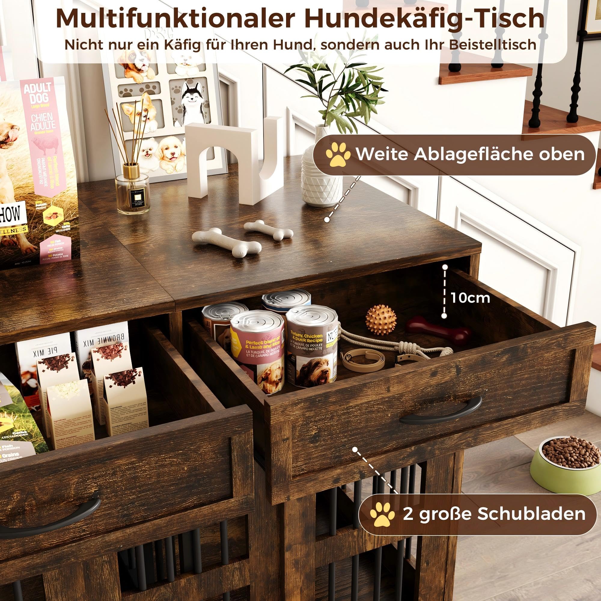 IRONCK Hundekäfig Möbel Hundebox für Zuhause mit 2 Schublade Türen Trennwand, Hundebox Holz Indoor für 2 kleine/mittlere/1 große Hunde, Beistelltisch mit Scheunentür, 106x68x88cm (Vintagebraun)