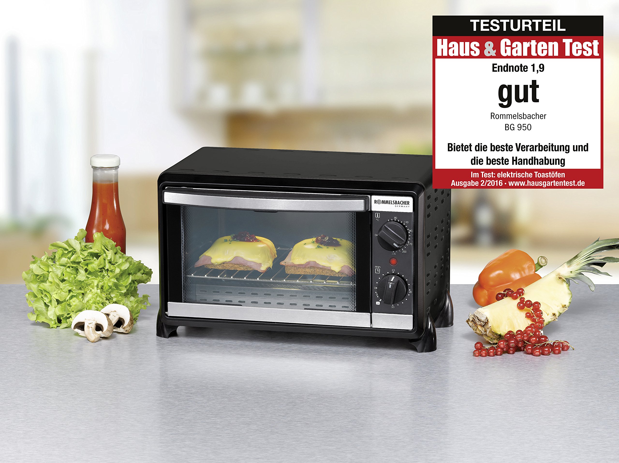 ROMMELSBACHER Horno pequeño BG 950 "Speedy" – 10 litros de espacio para hornear, 2 elementos calefactores de cuarzo, temperatura de 80 – 230 °, calor superior/inferior, temporizador, cámara