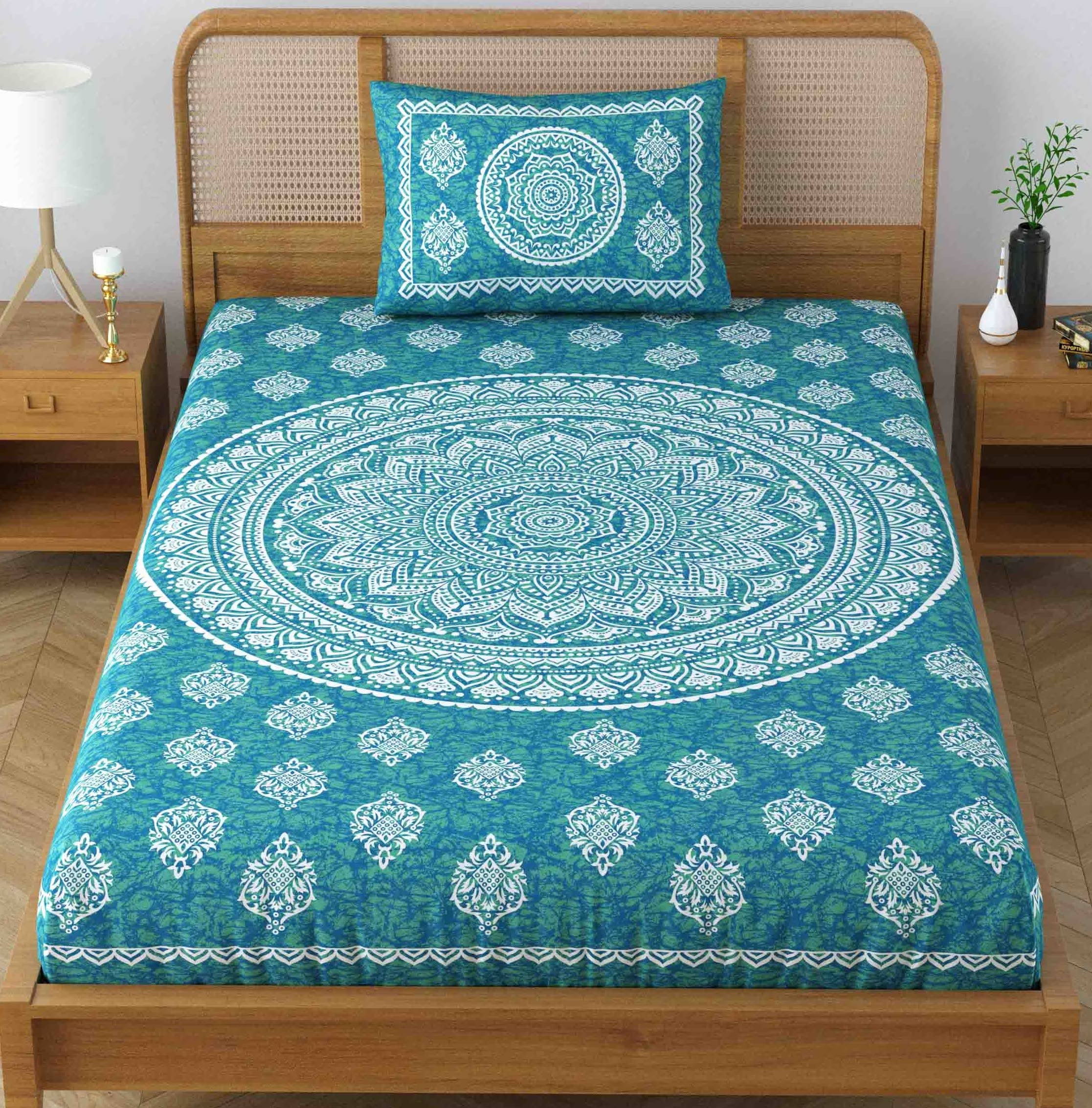 Colorish Cotton Blend Mandala Printed Jaipuri Bedsheet for Single Bed with 1 Pillow Cover, Sea Green