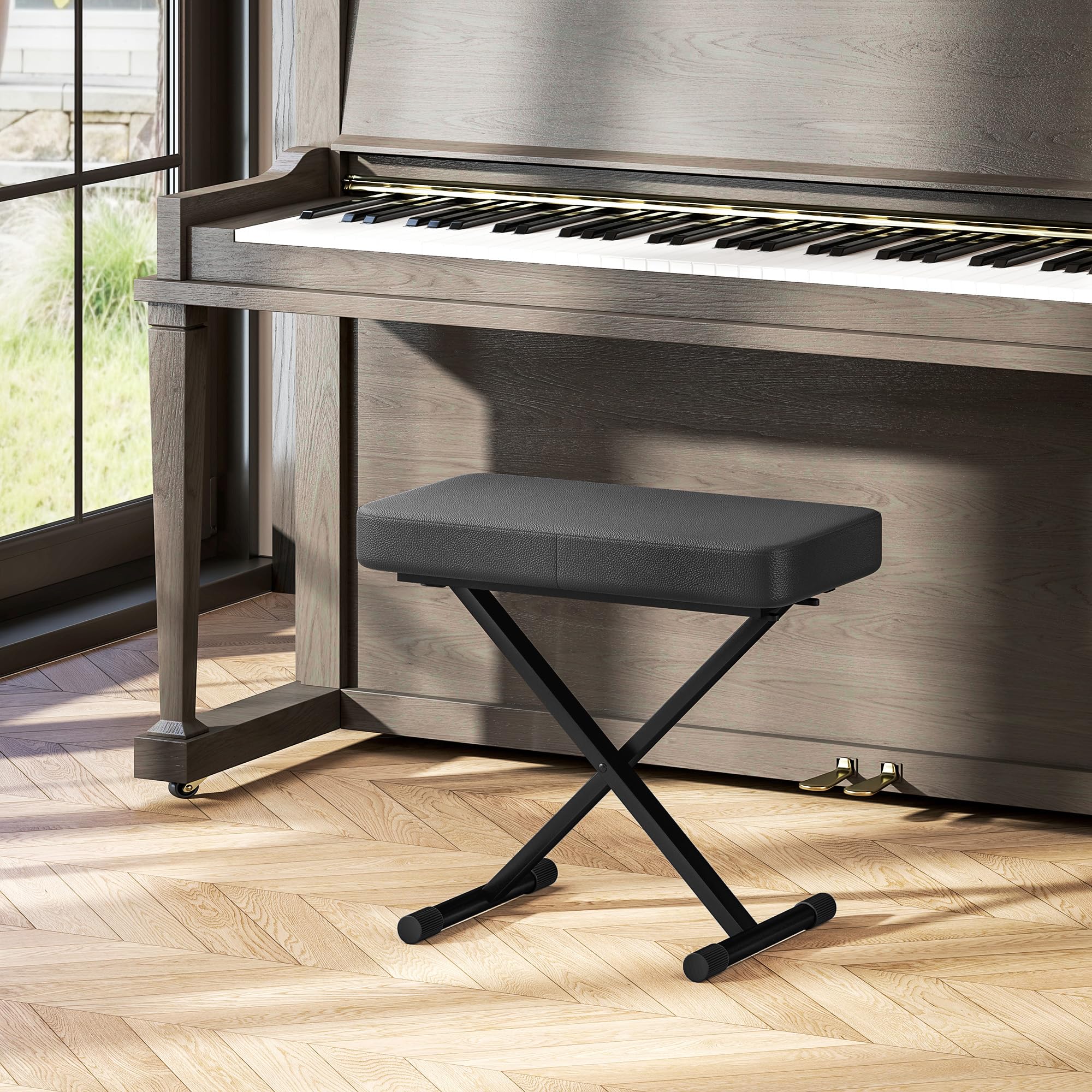 HOMCOM 4-Höhenverstellbarer klappbarer Klavierhocker mit X-Rahmen, PU-Leder und Metall Klavierbank mit rutschfesten Füßen, 60x32x53-63 cm, Schwarz