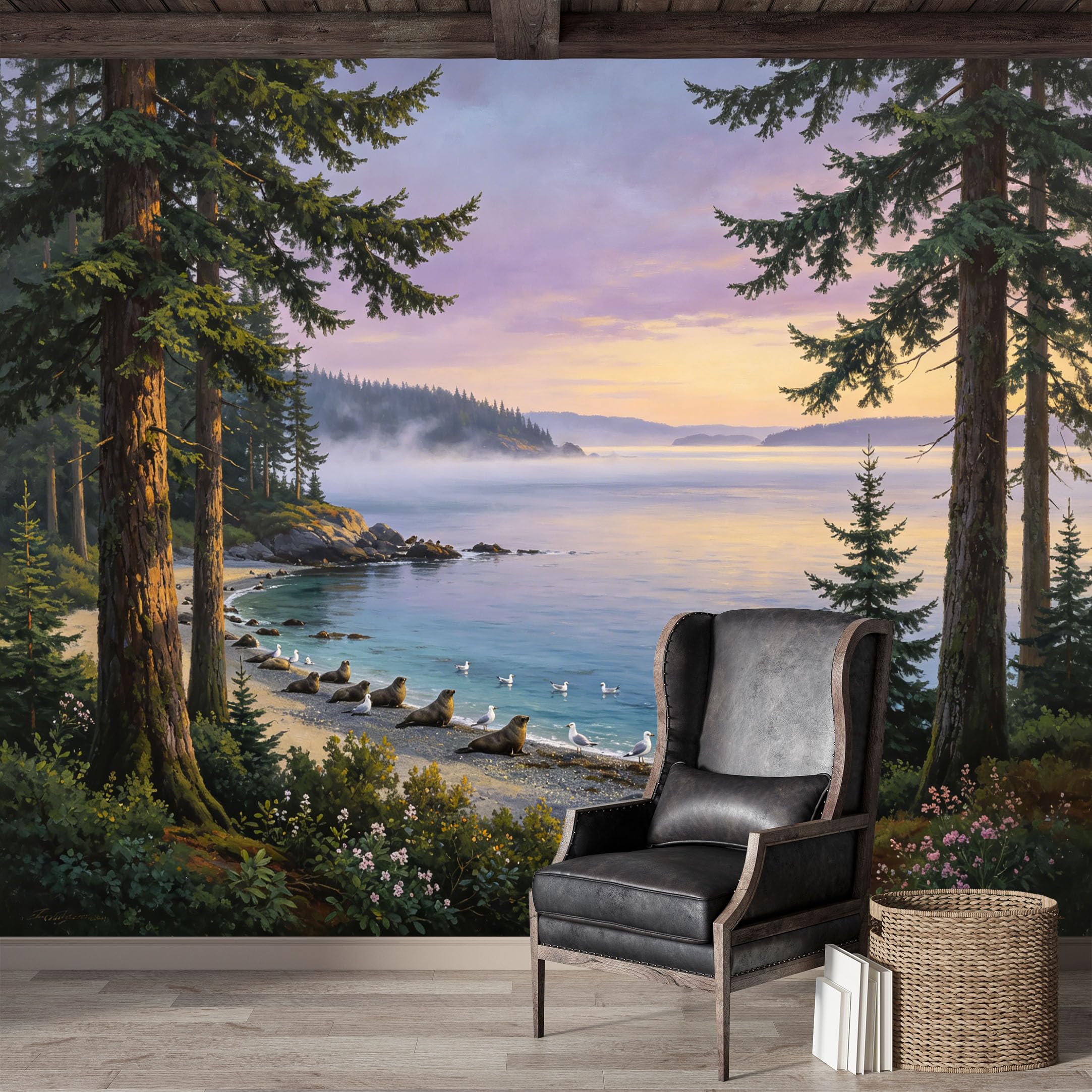 Custom Size Wall Mural,Coastal Seascape Nature Tranquil Ocean Marine Life Sunset Premium Water Activated SelfAdhesive Wallpaper,Removable Wall Covering for Indoor Home Decor