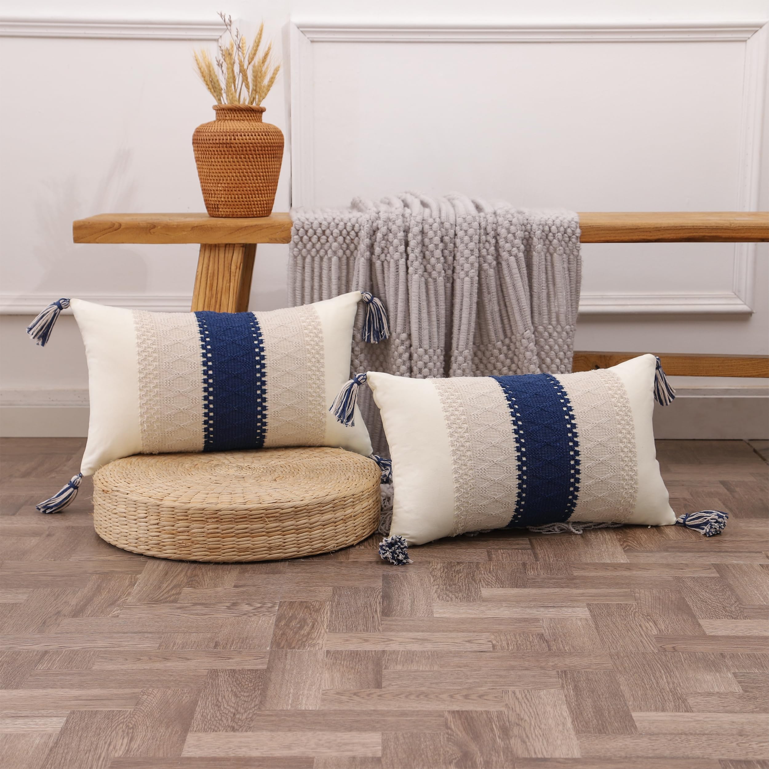 Tosleo Boho Navy Blue Striped Pillow Covers - 20x20 Inch Set Of 2 With Tassels For Farmhouse Decor