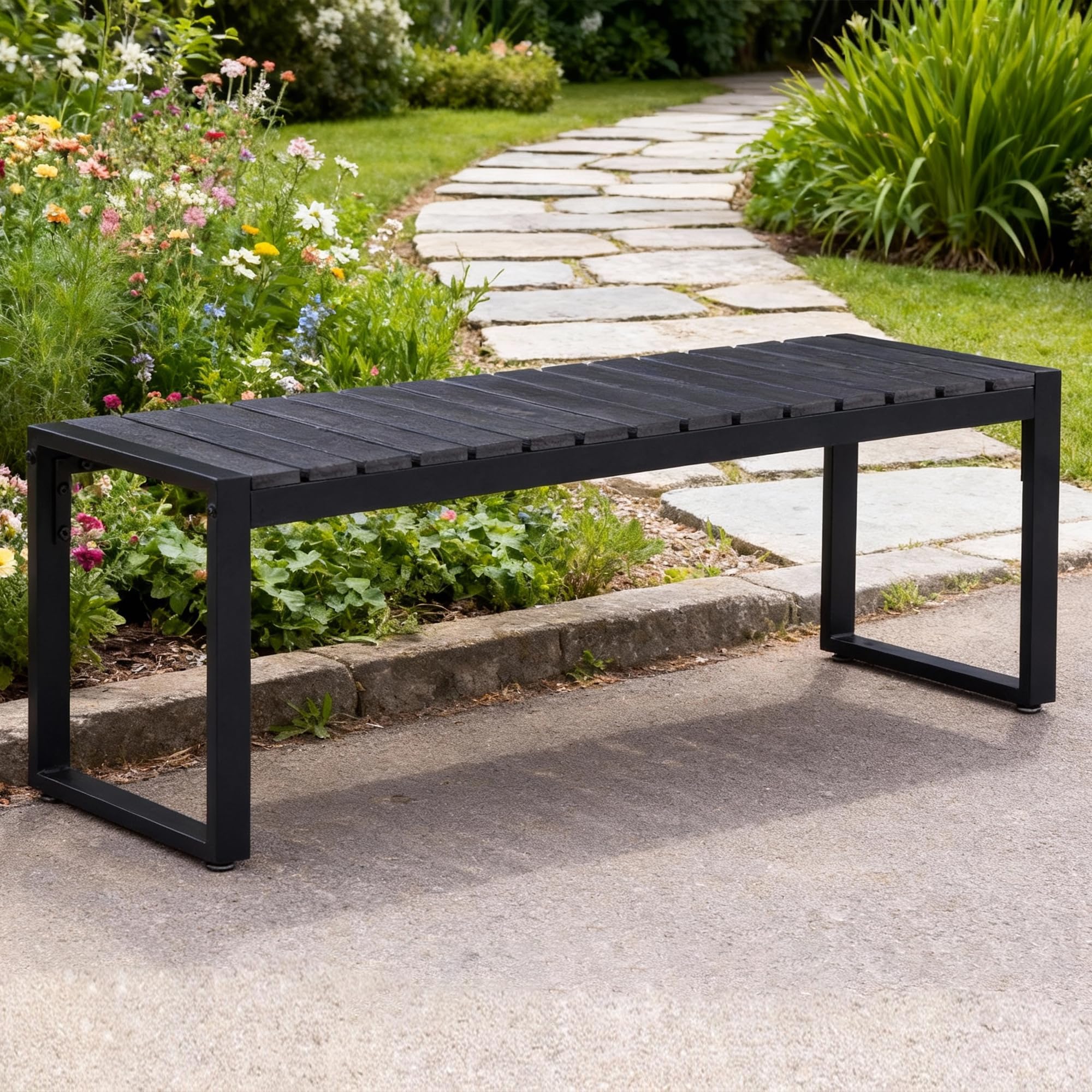 Mingone Gartenbank wetterfest, Harzbank 2-Sitzer 120 x 40 x 45 cm (Schwarz) | Bank Outdoor , Gartenbank Holz & Metall, Balkon Bank für Garten Balkon & Flur,Sitzbank 200 kg