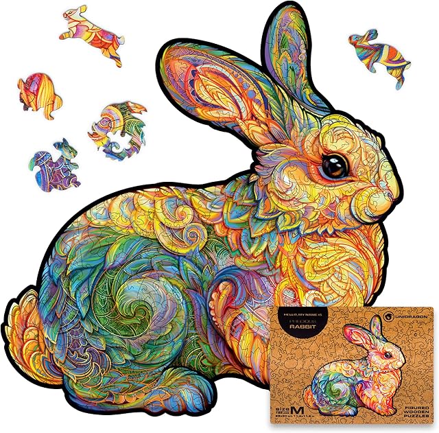 UNIDRAGON Original Wooden Jigsaw Puzzle - Precious Rabbit, 195 pcs, Medium 11.4"x11.8", Unique Animal Shaped Puzzle Box, Birthday Gift Idea for Kids, Adults, Girls, Boys, Family Game and Hobby