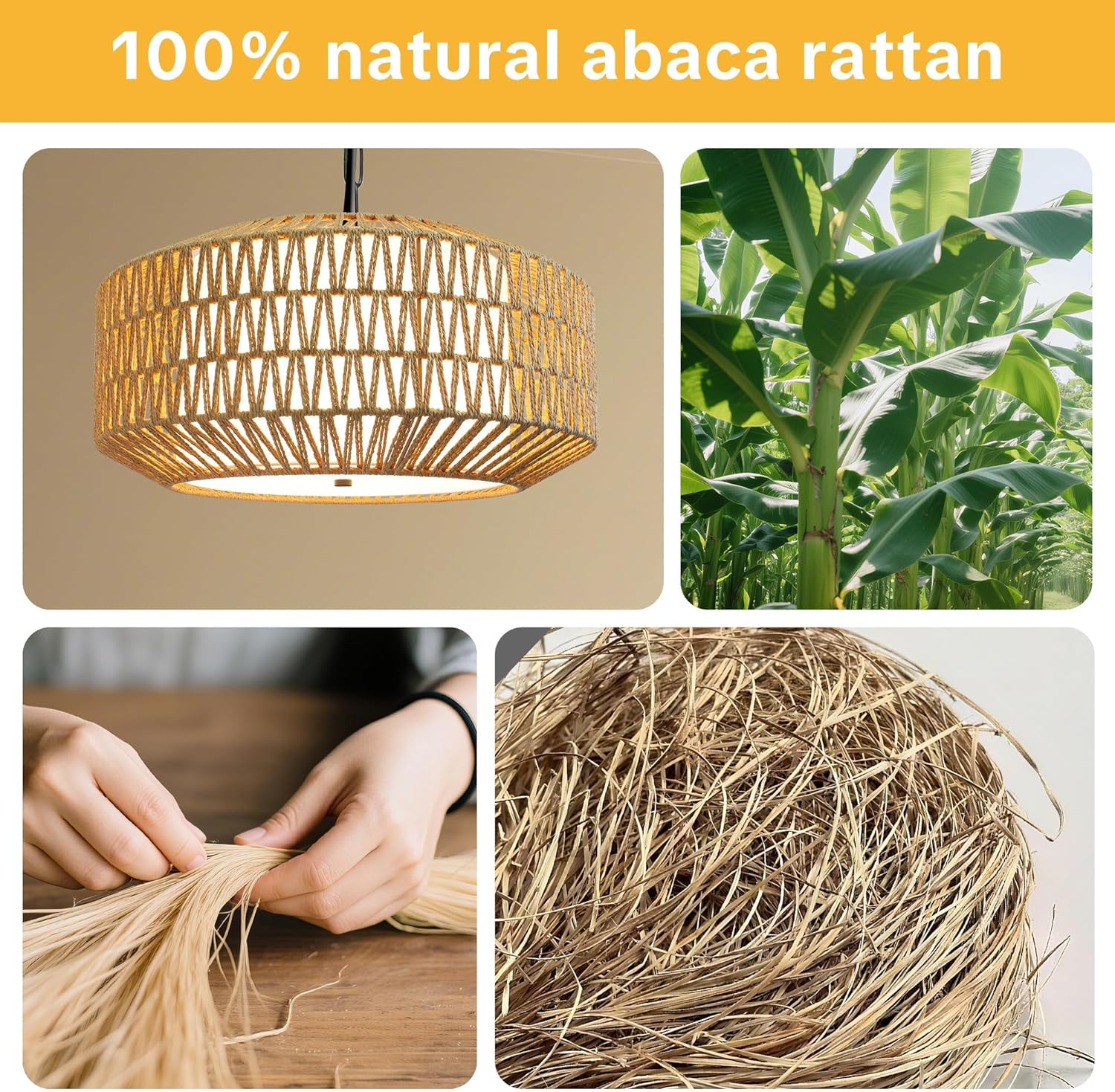 Farmhouse Chandelier Light Fixture, 5-Light Boho Rattan Chandelier with Fabirc Shade, 19.3'' Handwoven Farmhouse Hanging Light Fixture for Dining Room, Kitchen Island, Living Room, Foyer