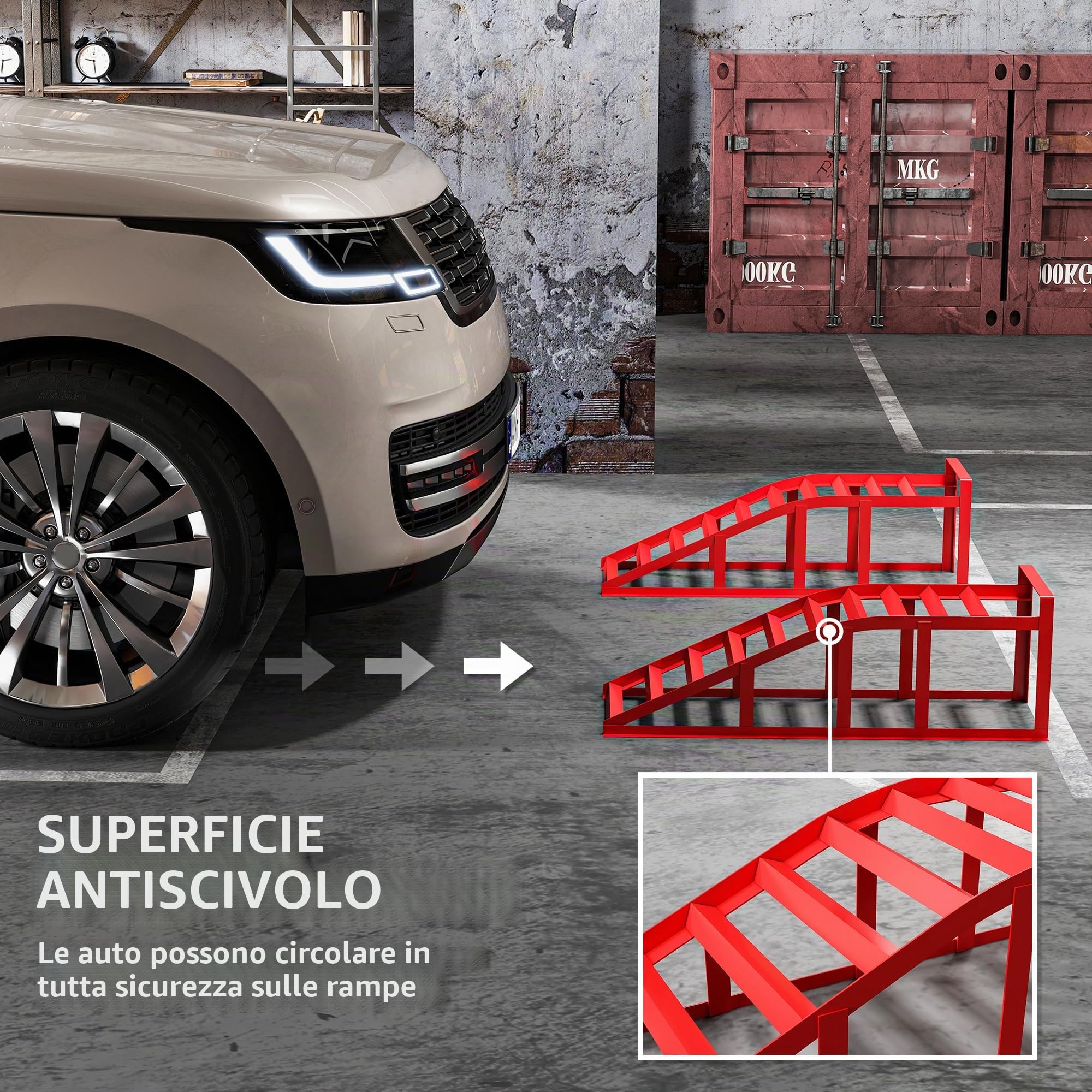 HOMCOM 2-Pack Rampe per auto antiscivolo Acciaio Rosso