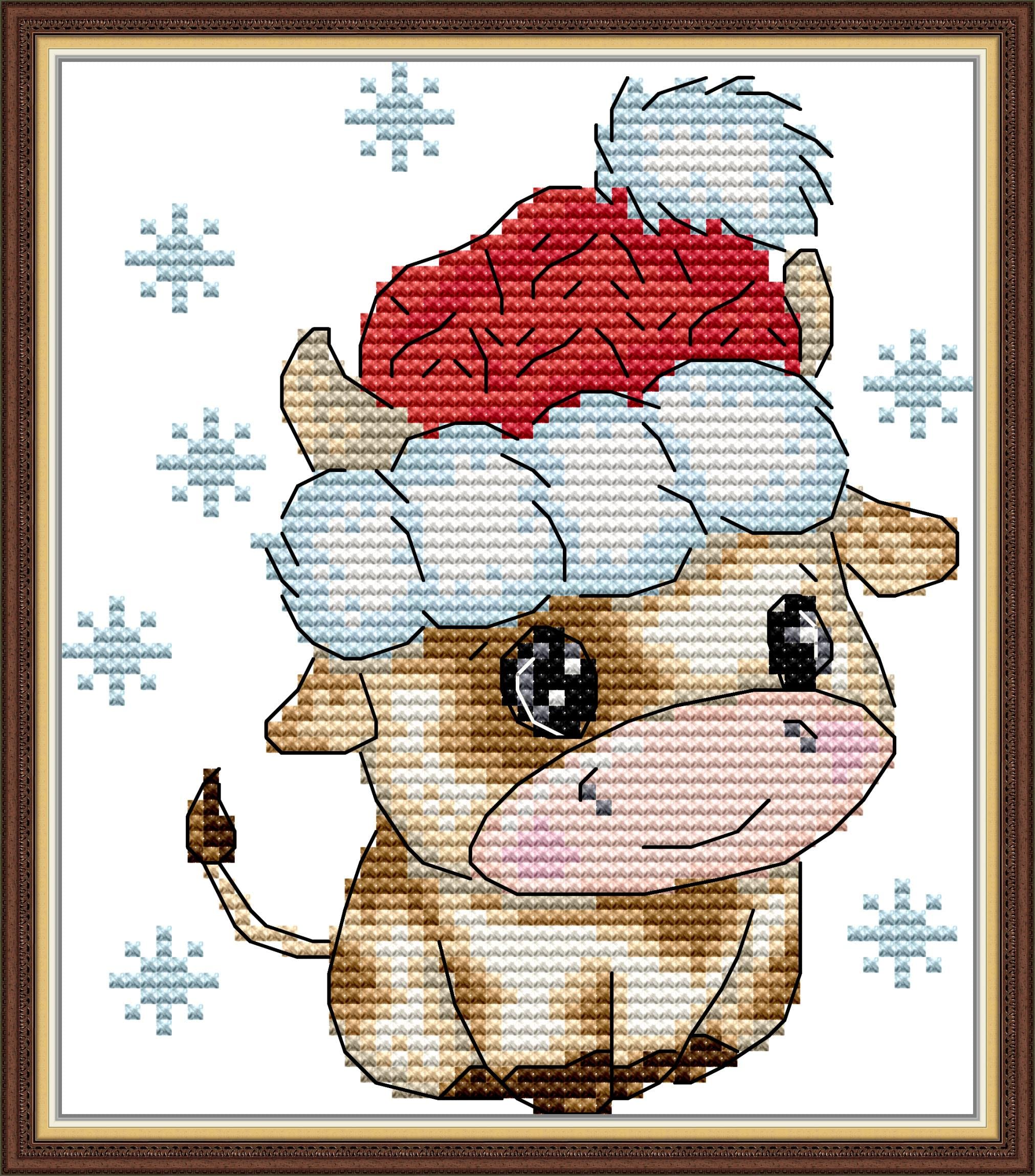 CaptainCrafts Cross Stitch Kits, Calf Stamped Cross Stitch DIY Art Embroidery Kits Handmade Home Wall Decor (Preprinted 14CT, Santa hat Calf)