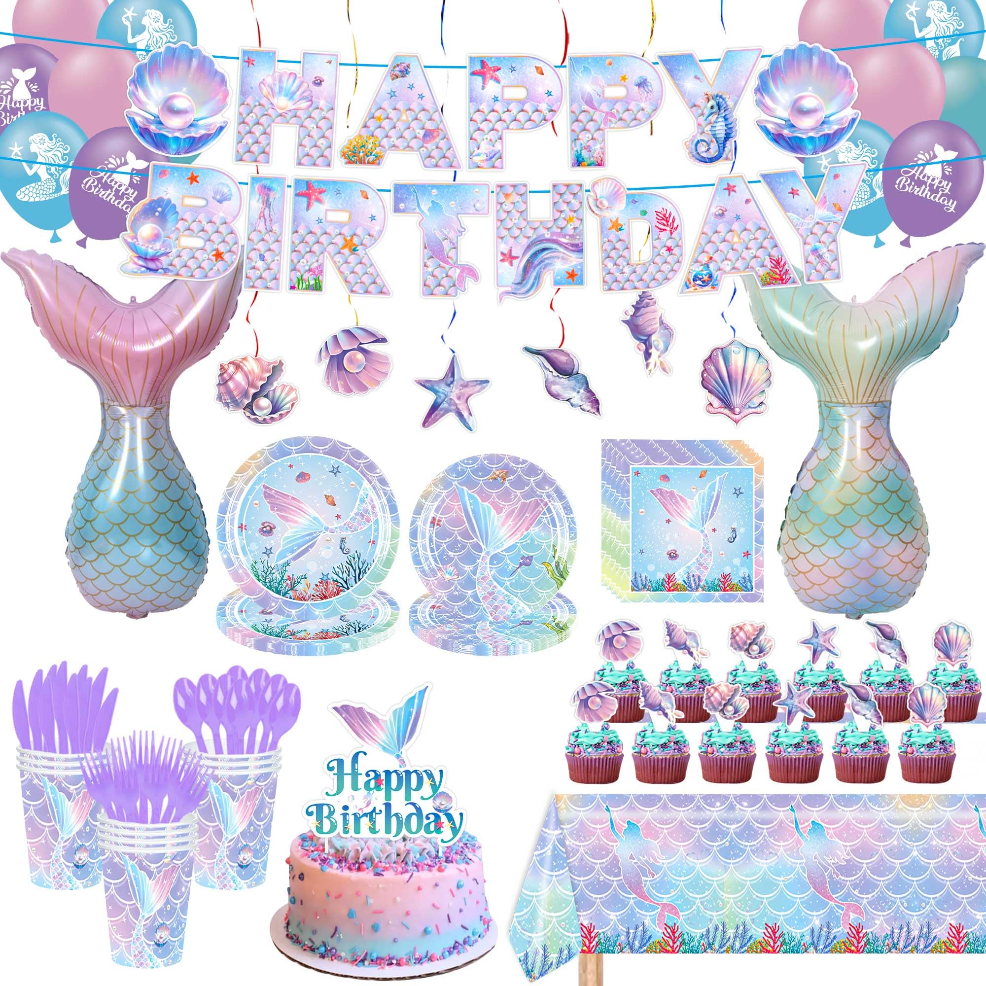 Mermaid Birthday Decorations Party Supplies Include Plates, Napkins, Cups, Cake & Cupcake Toppers, Tablecloth, Banner, Hanging Swirls, Balloons for