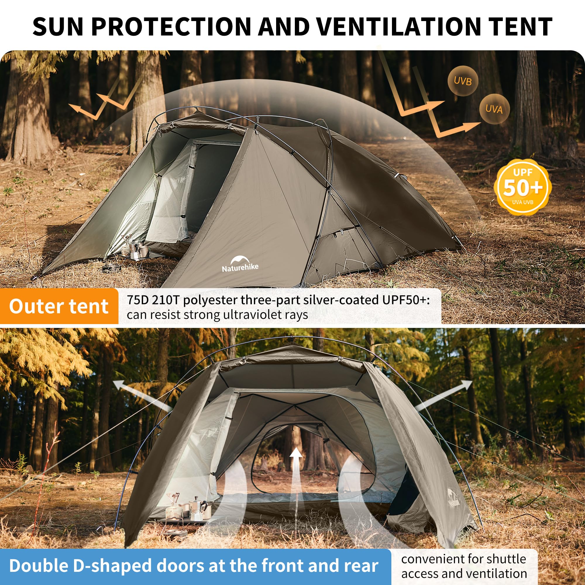 Tente Naturehike Hillock 6 - Légère, 2 Places, Verte, 2 Portes - Parfaite Pour Le Camping