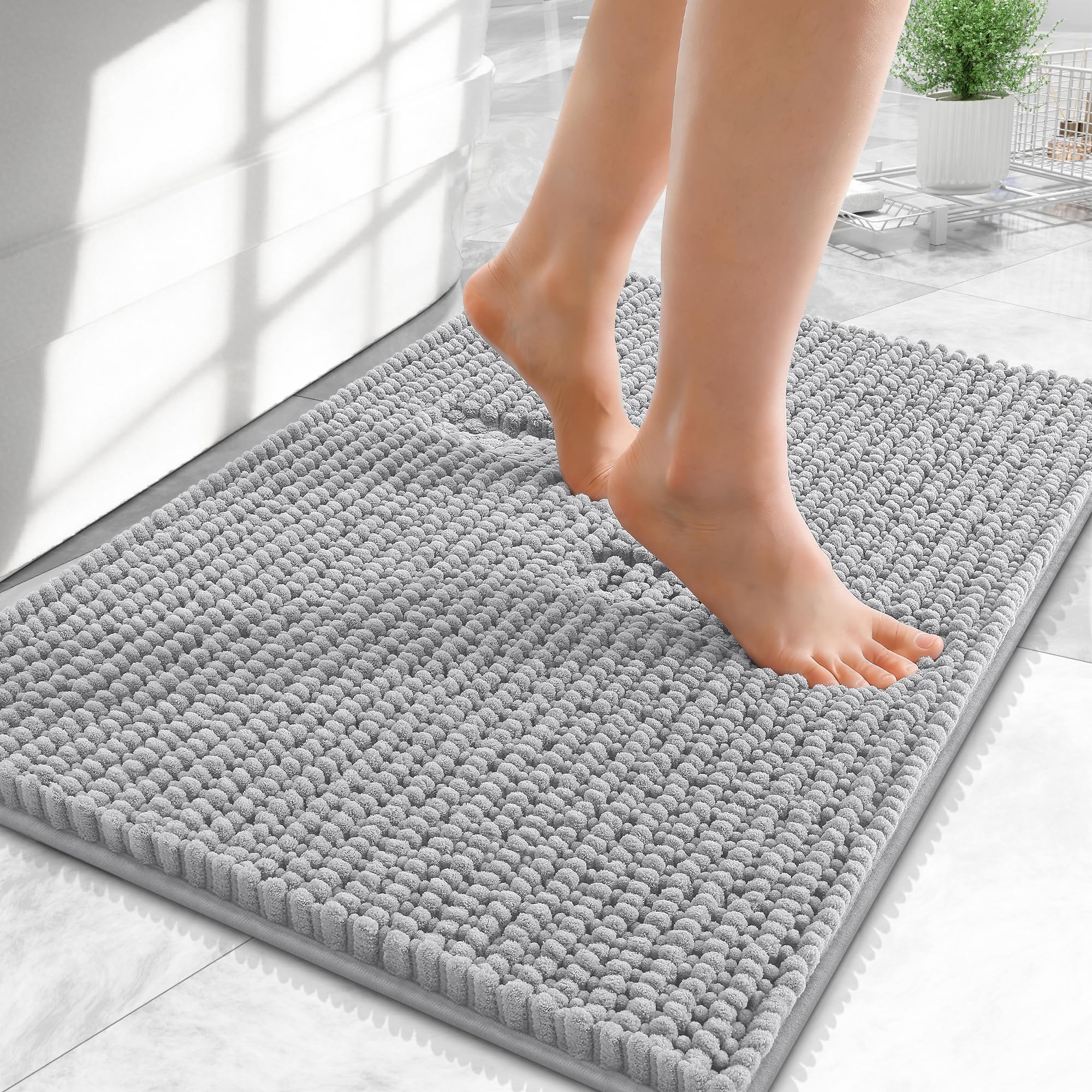 OLANLY Thick Chenille Small Bathroom Rugs Mats 24x16, Light Grey
