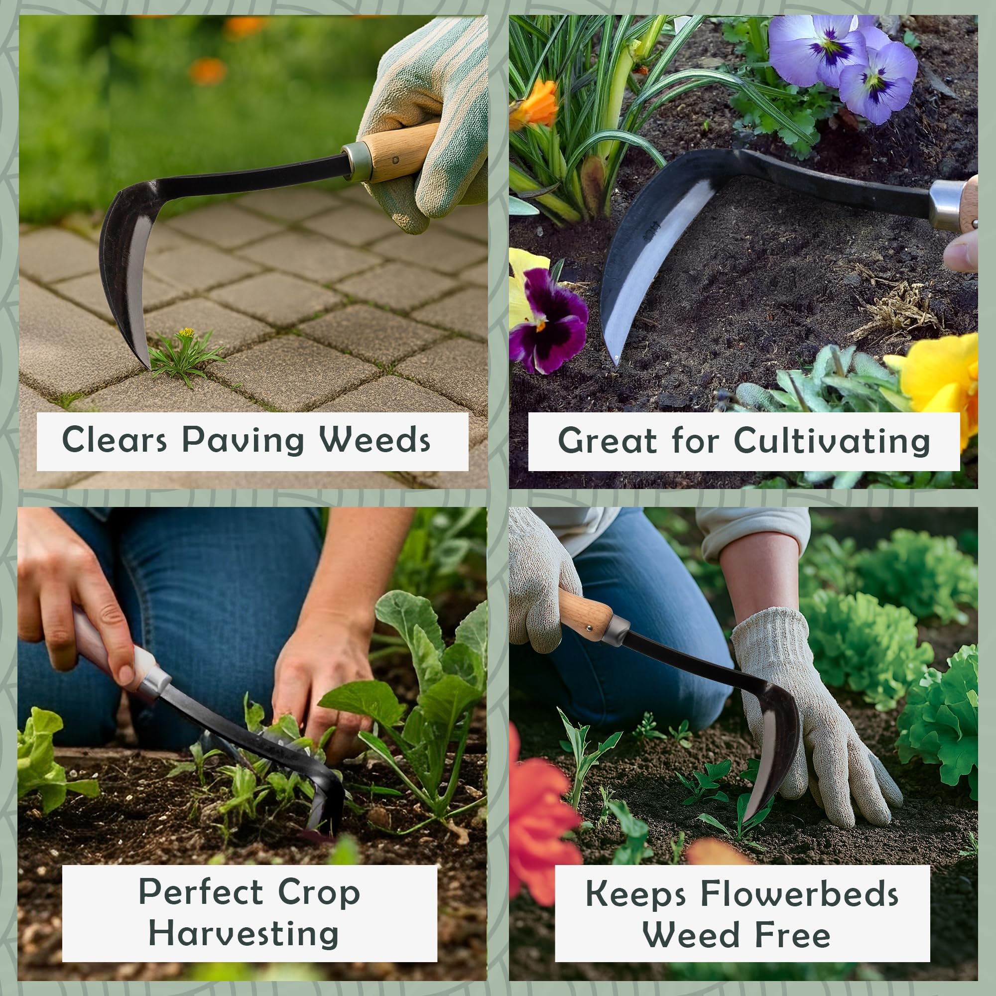 Muldale Japanische Rasierhacke mit ergonomischem Holzgriff, gebogenes Handhackenblatt für manuelles Jäten und Gartenarbeiten