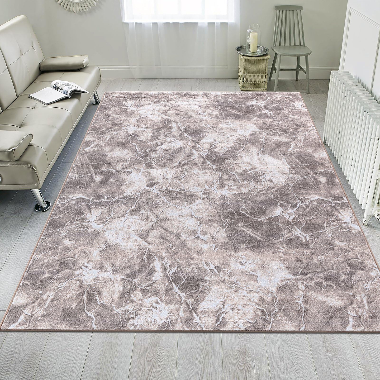 renoazul® Anti Slip Living Room Rugs Large With Gel Backing - Marble Rug - 200 x 290 cm - Beige - Washable Low Pile Rugs For Bedroom - Ideal For Lounge, Sitting Room, Wooden Floor & Dining Room.