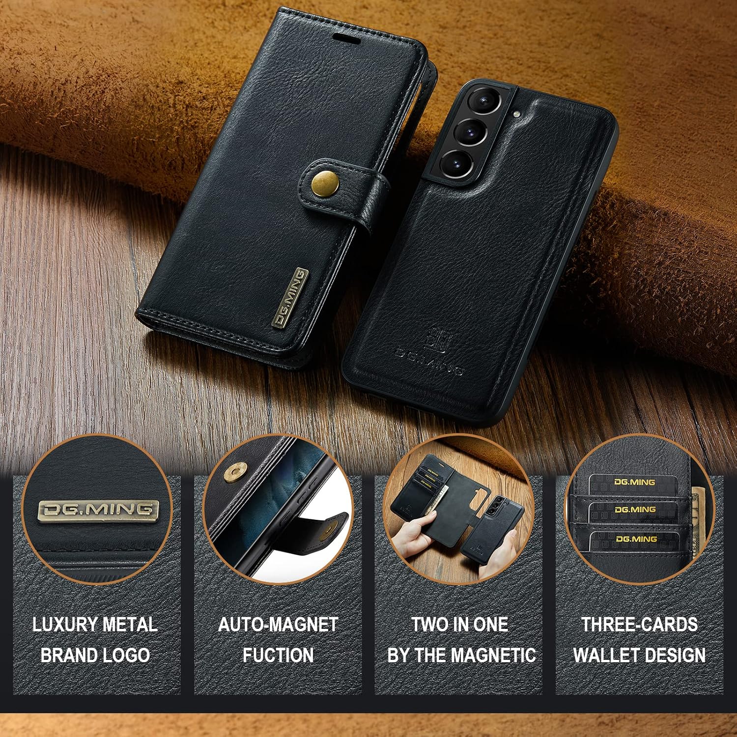 Detachable 2 in 1 Split Magnetic Flip Folio Wallet Case Compatible with Samsung Galaxy S22 Genuine Leather Phone Case with 3 Card Holder Slots Kickstand Shockproof Cover(Black)