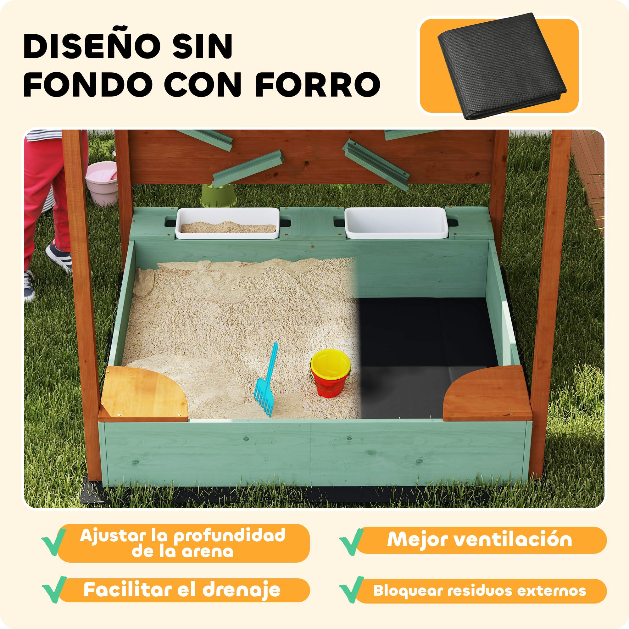 AIYAPLAY Arenero para Niños de Madera con Techo, Arenero Infantil con 2 Asientos, 2 Cajas, Grifo, Embudo, Caja de Arena para Niños de 3-6 Años, para Patio, Jardín, Balcón, 116x112,5x128 cm, Verde