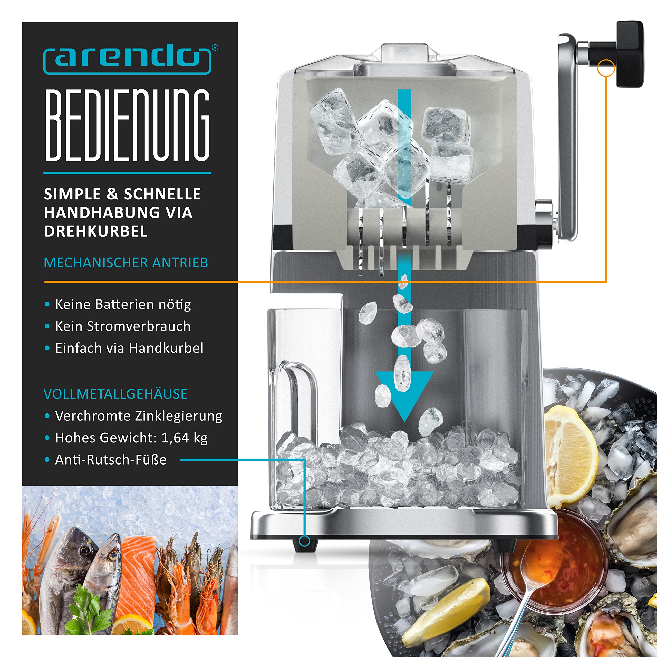 Arendo - Eismaschine Edelstahl - Ice Crusher manuell – Eiszerkleinerer – Eiscrusher zum Kühlen und Frischhalten – Slushy Maker Eis Zerkleinerer – Auffangbehälter entnehmbar – Chrom Optik