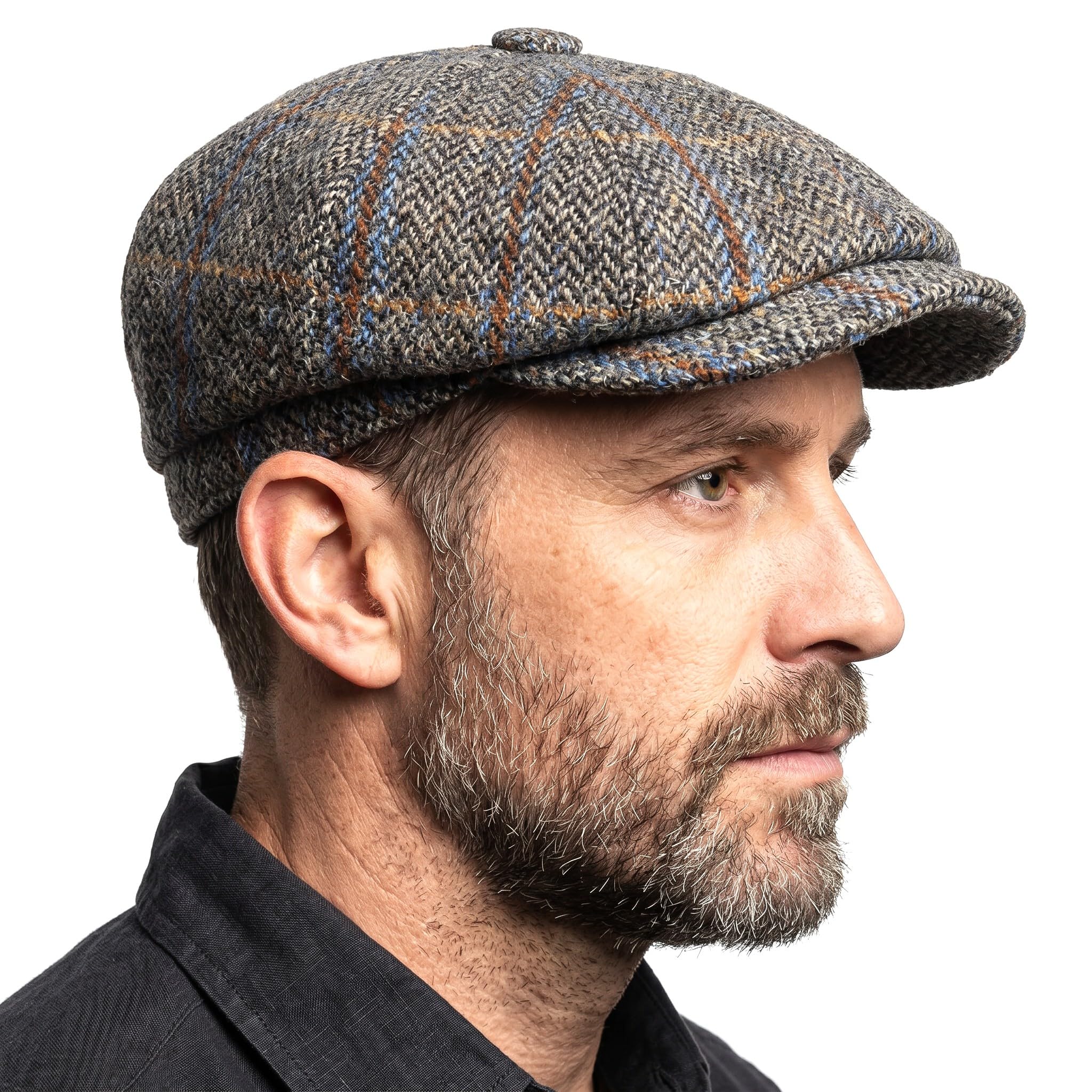 Tartan Tweeds Harris Tweed Traditional Peak Eight Panel Newsboy Cap British Made Green Herringbone Rust Overcheck (UK, Alpha, XL, Green Herringbone Rust Overcheck)