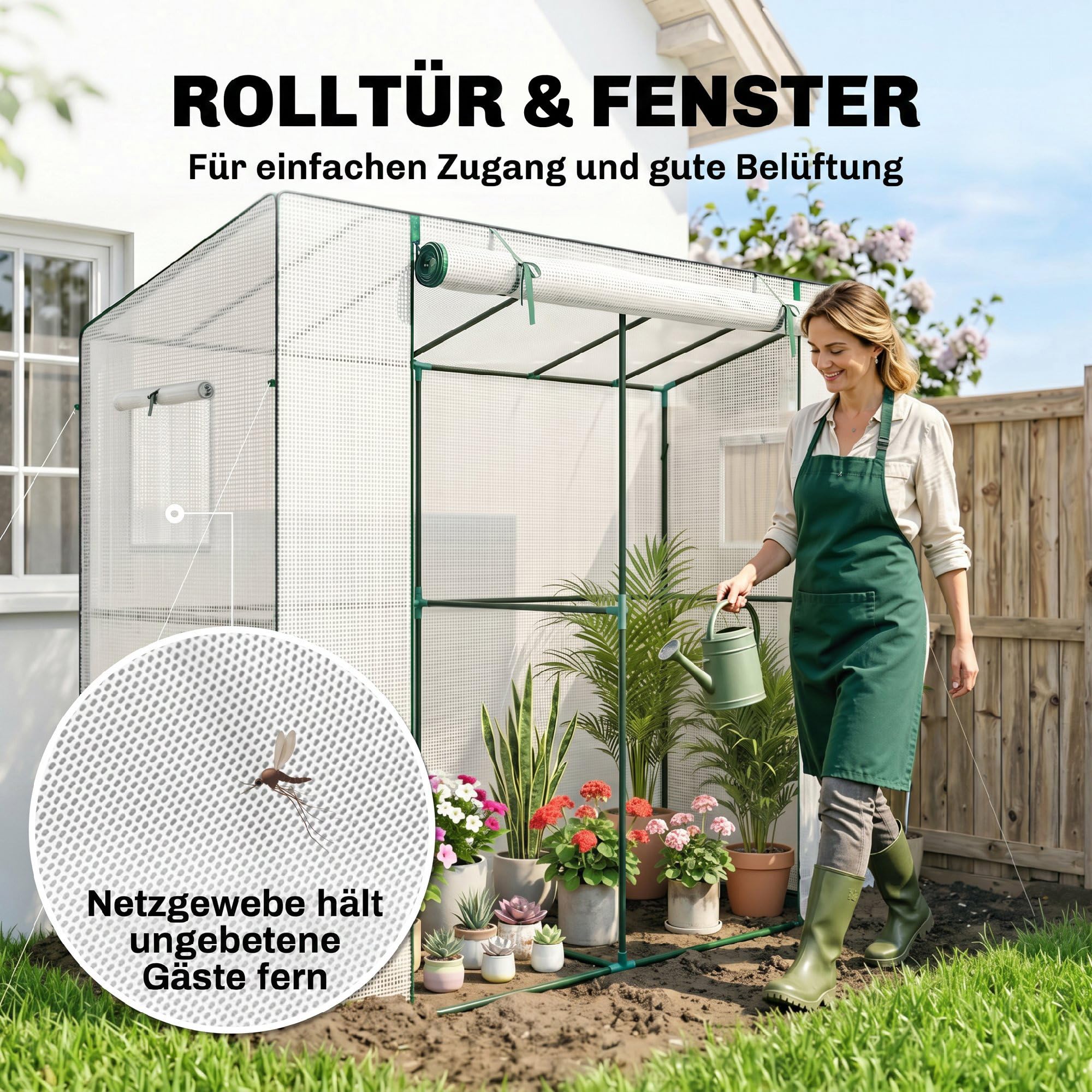 Outsunny Gewächshaus mit Rolltür 2 Fenster Winterfest 200x76x170cm Weiß | Foliengewächshaus aus Stahl, Treibhaus für Balkon Garten, Tomatenhaus mit UV Schutz, Tomatengewächshaus für Gemüse Blumen