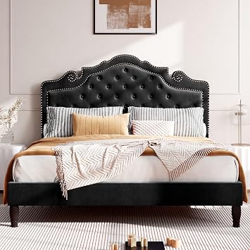 HOOMIC Queen Size Bed Frame with Adjustable Velvet Tiara Headboard, Upholstered Diamond Button Tufted Platform Bed, Wood Slats Support, No Box Spring Needed, Black