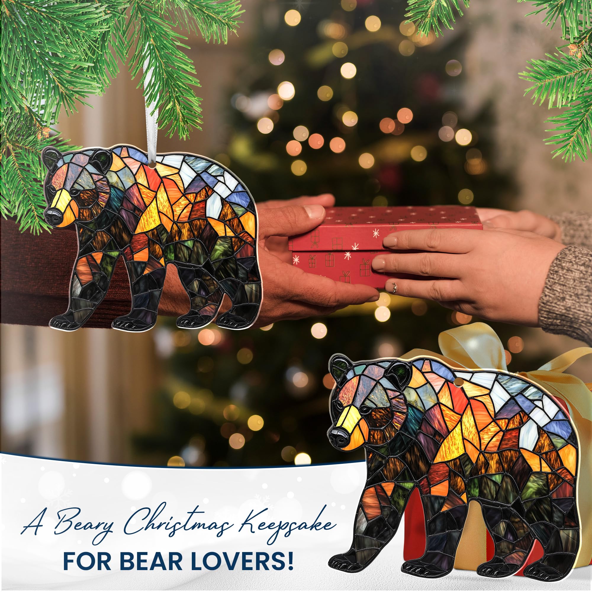 FLAGWIX Christmas Bear Gifts for Women - 2D Flat (Not 3D) Acrylic Christmas Ornaments 2025 Tree - Brown Bear Ornaments, Animal Lover Birthday Gifts for Women Men Mom Dad Friend, Animal Lovers Gift
