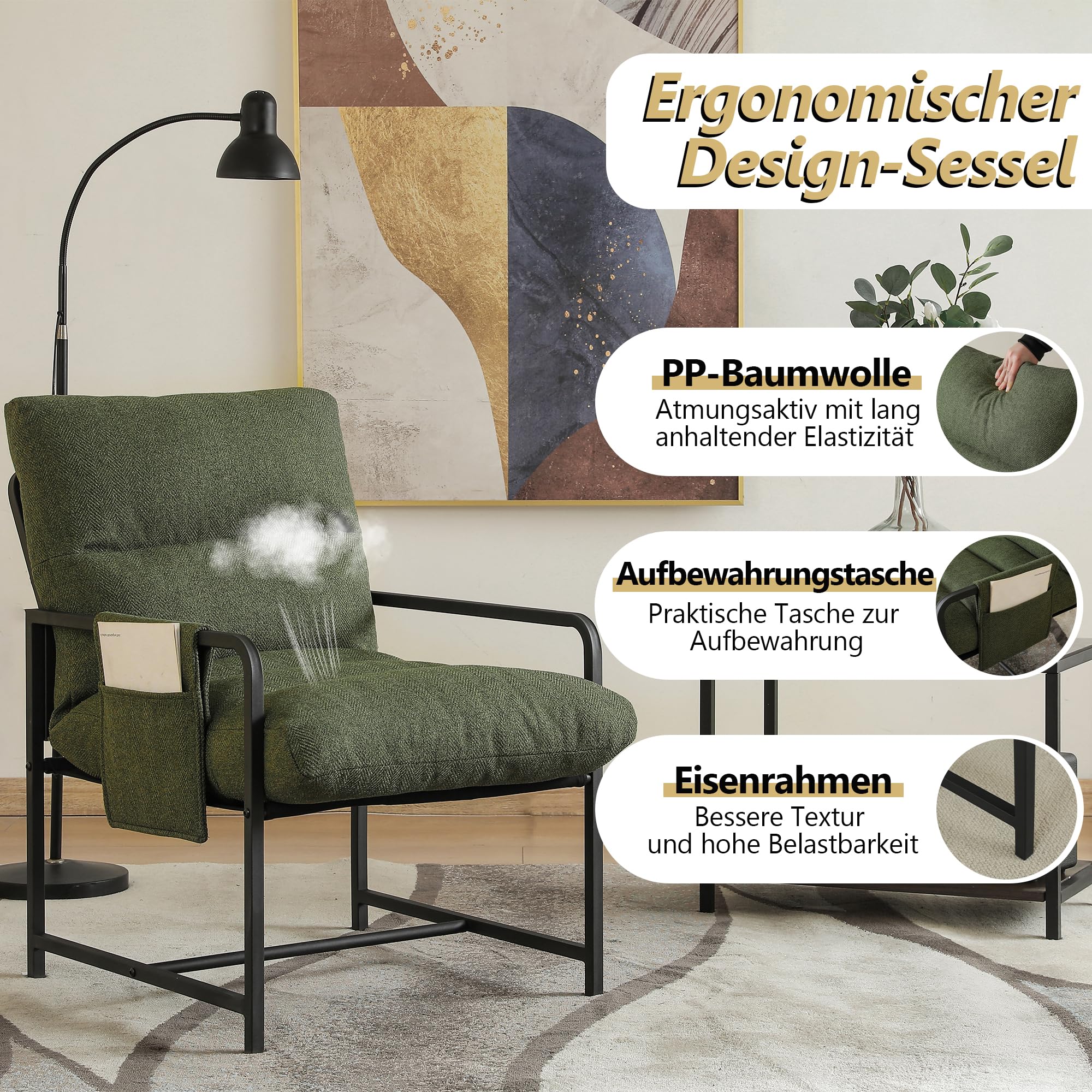 Mingone Sessel Loungesessel Stuhl mit Armlehnen Polstersessel mit Metallrahmen Moderner Loungesessel für Schlafzimmer, 136 kg belastbar. (Grün)