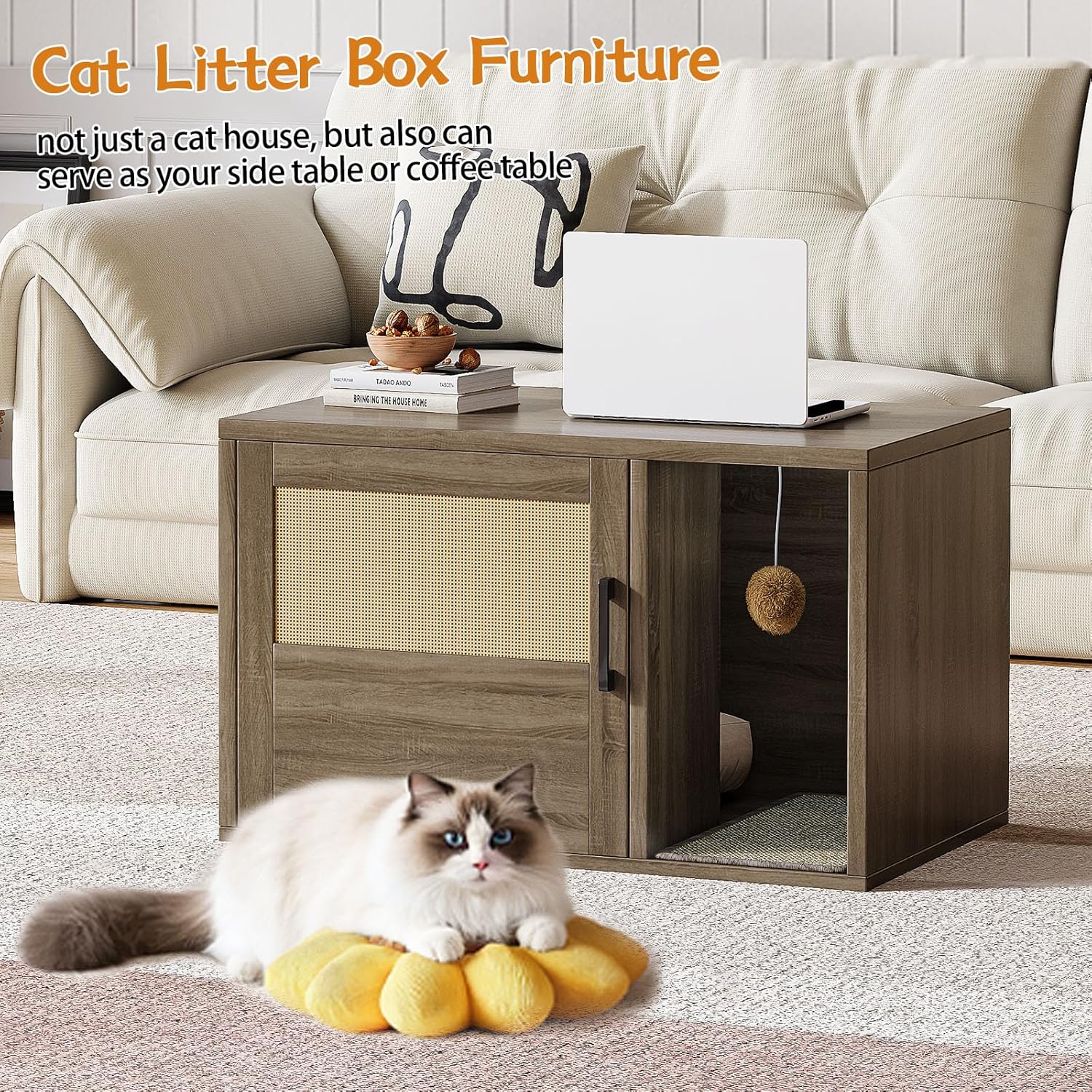 Cat Litter Box Enclosure, Hidden Litter Box Furniture with Door & Bell, Pet House Fit Most of Litter Box, Oak Gray