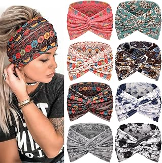 Awumbuk Wide Headbands for Women, 7.08 Inch Thick Boho Turban Style Hair Wraps, Non-Slip Moisture-Wicking Workout Headband for Sports, Yoga, Daily Fashion, 8 Pack Multi Colors (rose pink)