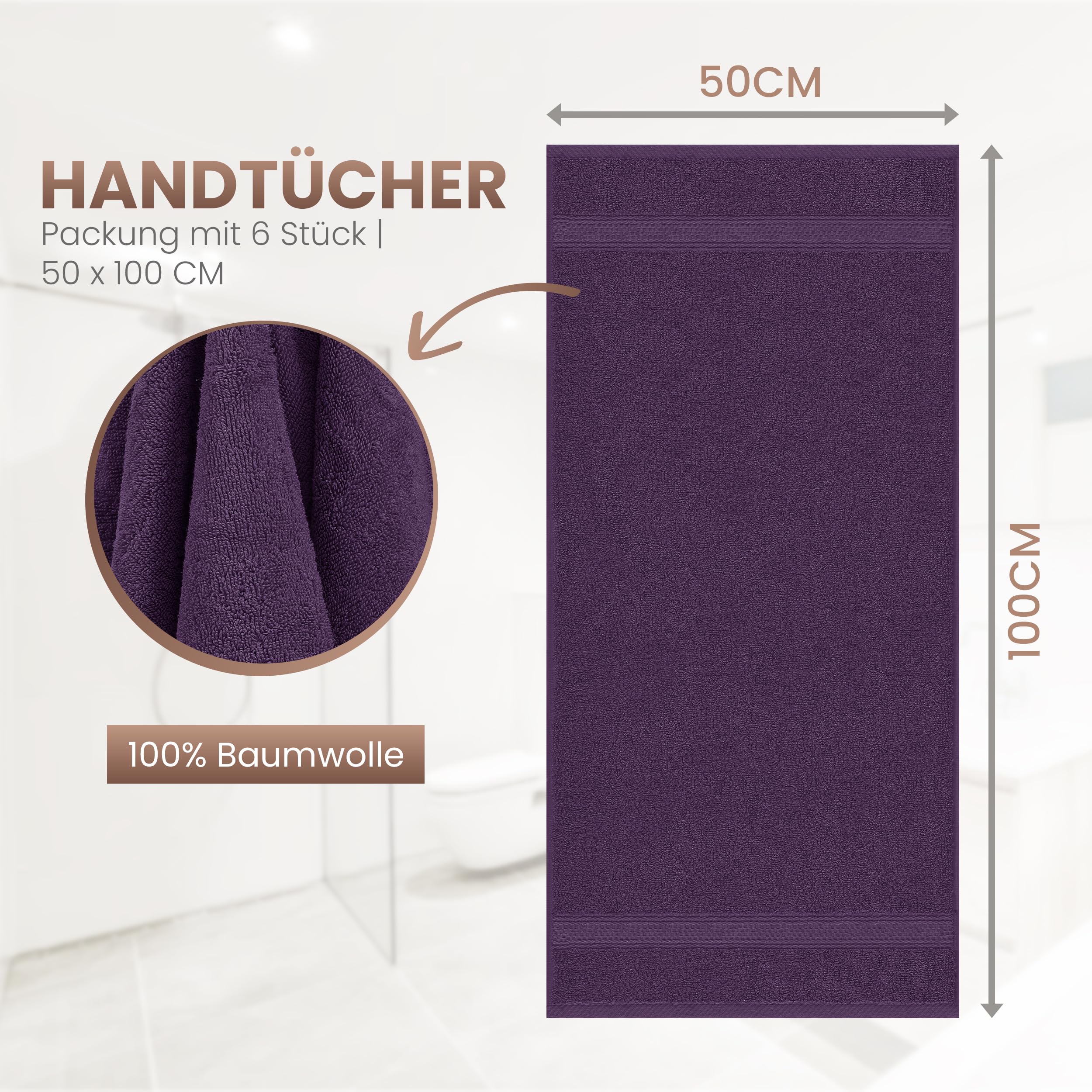 Utopia Towels - Set di 6 (50 x 100 cm), Asciugamani Mani, Asciugamani Per Le Mani, Altamente Assorbenti Con Gancio, 100% Cotone (Prugna)