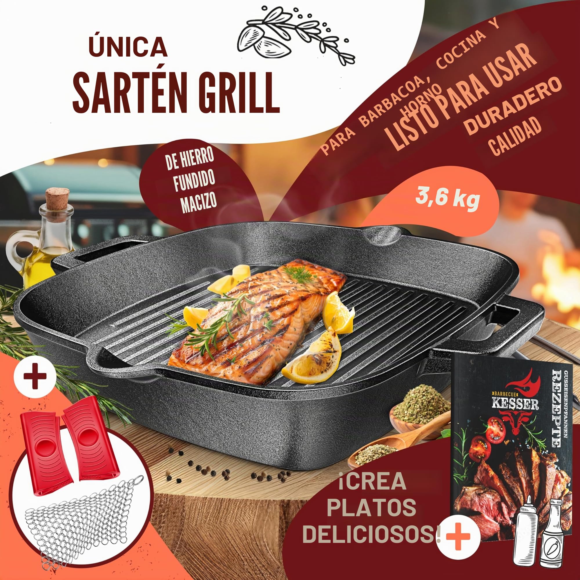KESSER® Sartén de hierro fundido para inducción de 30 cm, sartén de hierro fundido, sartén para parrilla de gas, horno, parrilla de carbón, sartén para carne, incluye asas protectoras, libro de