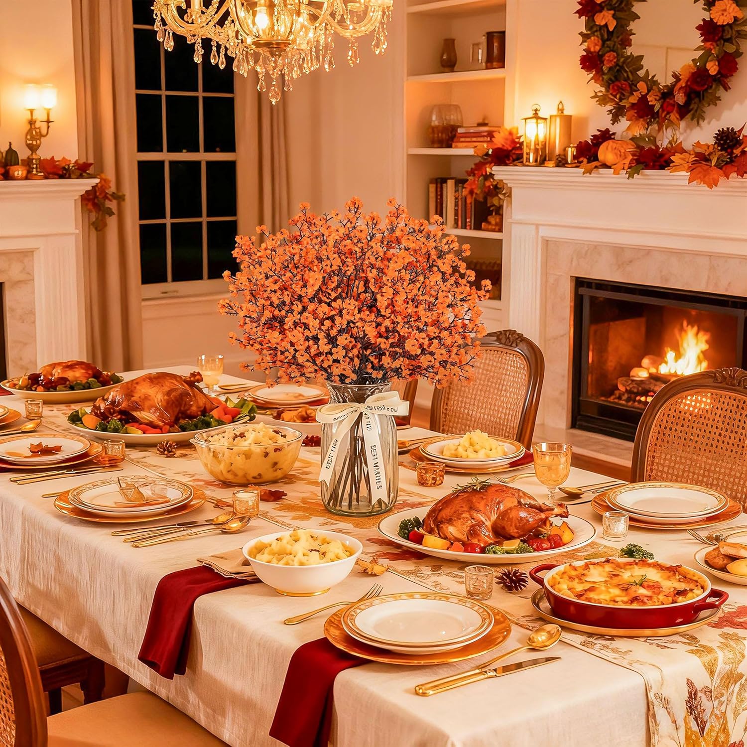 Der Rose 10Pcs Fake Fall Flowers Orange Baby Breath Artificial Flowers Real Silk Floral Arrangement Stems for Thanksgiving Table Centerpieces Home Kitchen Mantle Porch Outdoor Decorations - Image 2