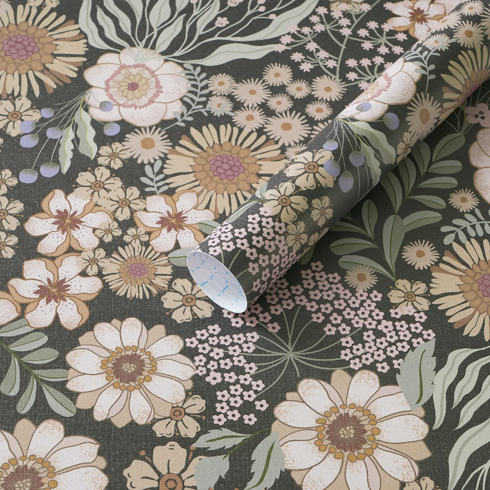 Timeet Self Adhesive Wallpaper 44cmx3m Peel and Stick Wallpaper Boho Floral Contact Paper Waterproof Vinyl Wrap Dark Grau Pink Green for Bedroom Living Room Bathroom Renter Friendly Furniture Sticker — image 1