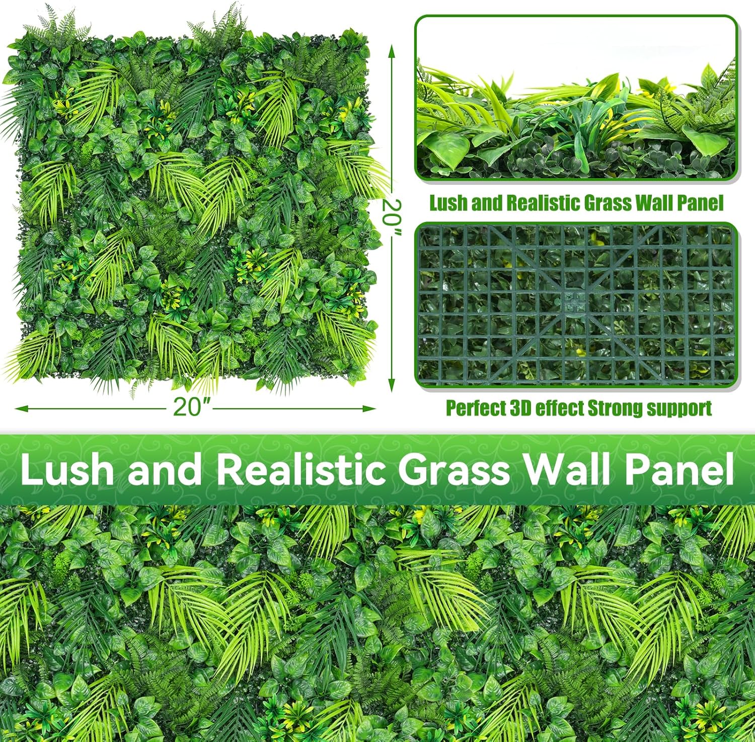 Artificial Plant Wall Panels, 20"x20" 16PCS Faux Grass Backdrop with UV Resistant Fern Leaves, Green Wall Decor for Outdoor Indoor Patio Garden Backyard