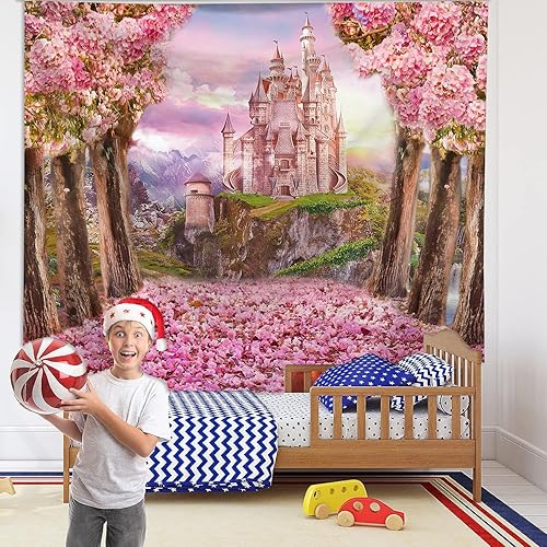 Miniatura 7 de FENDROM Tapiz de castillo, flores rosas en bosque de fantasía, tapices para colgar en la pared, tapices de cuento de hadas para dormitorio, sala de