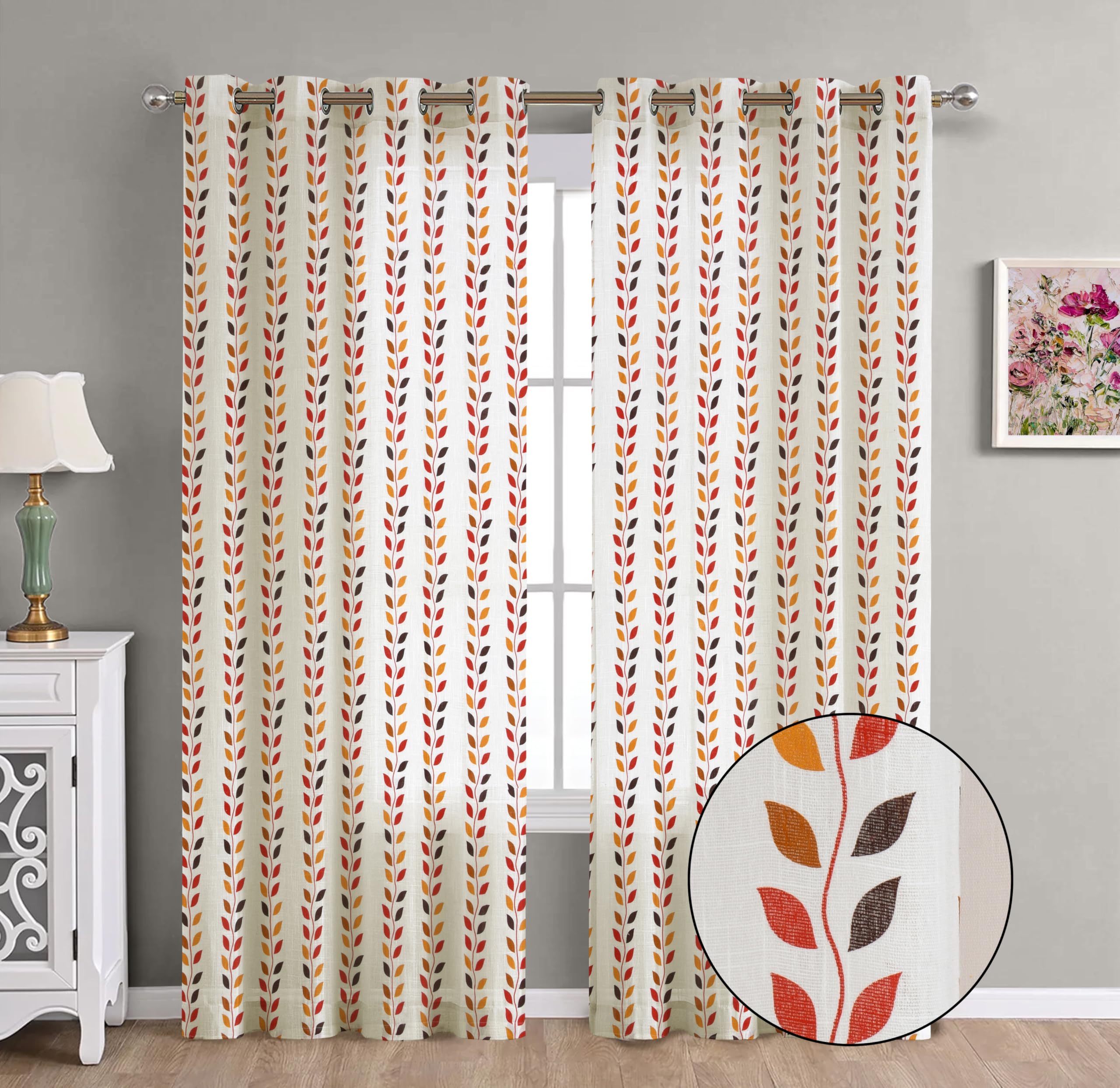 THE LINEN COMPANY Cotton Sheer Curtains with Steel Eyelet for Living Room/Dining Hall/Hotel/Farm House Set of 2 Pcs (4.5ft x 9 ft, Leaf Print)