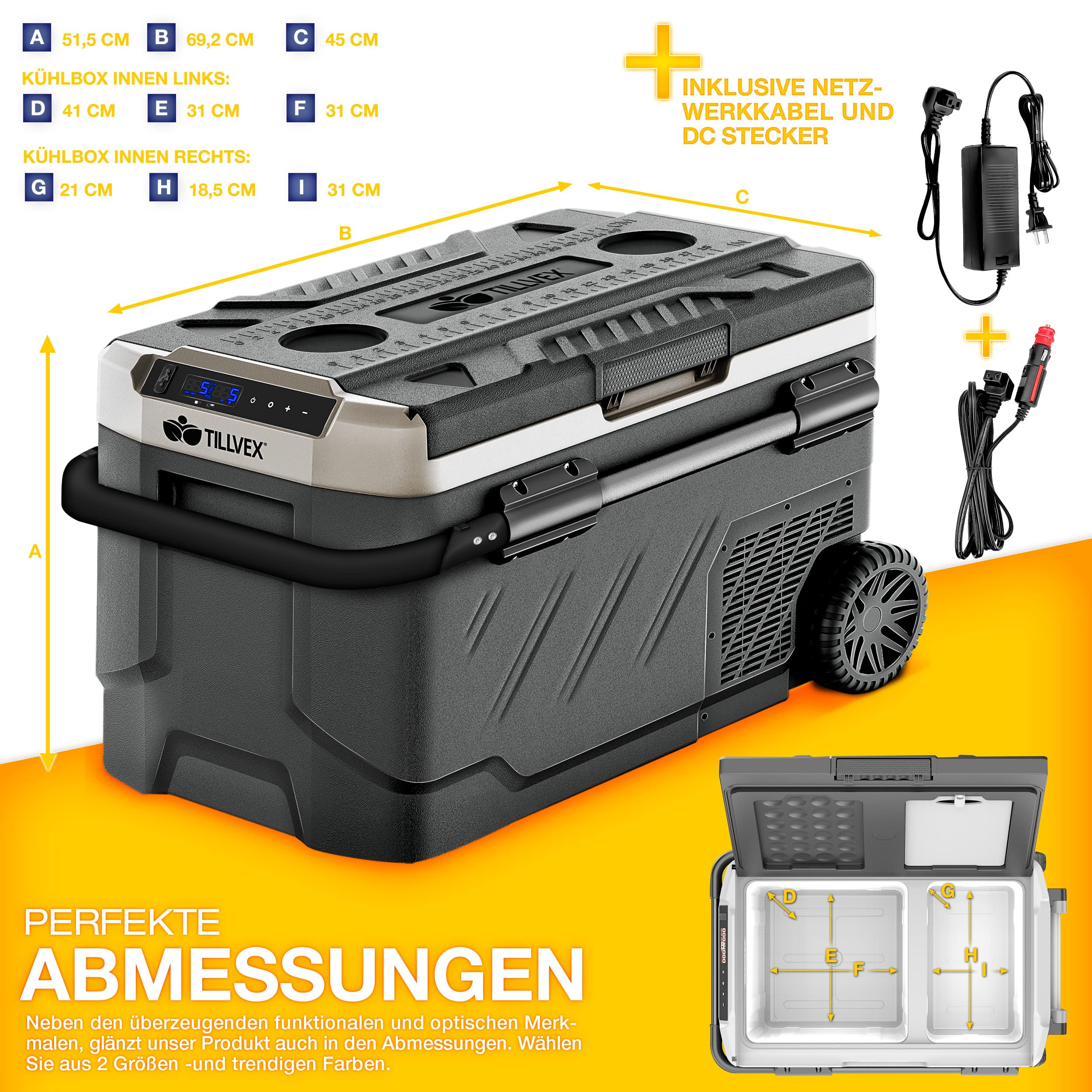tillvex® elektryczna lodówka kompresorowa, 51 litrów, sterowanie przez aplikację wi-fi, złącze USB 12/24 V 230 V, do -20 °C, do samochodu, ciężarówki, łodzi, kampera, na kemping