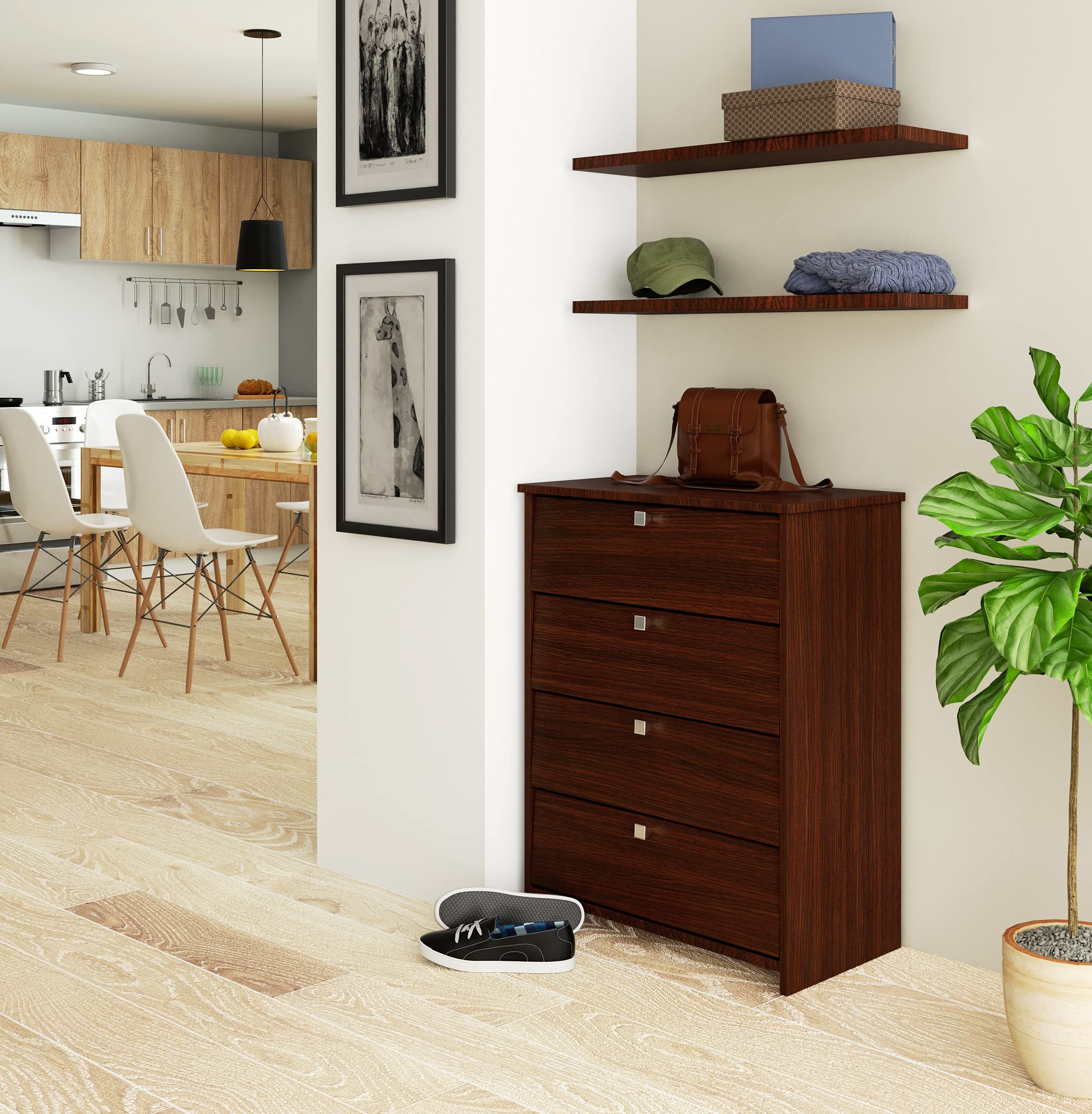 AKORD Zapatero con 4 Compartimentos y 4 Puertas abatibles | Puertas abatibles | Armario de Zapatos Cerrado | Contenedor de Zapatos | L60 x H80 x P33 cm, Peso 29 kg | Color: Wengé