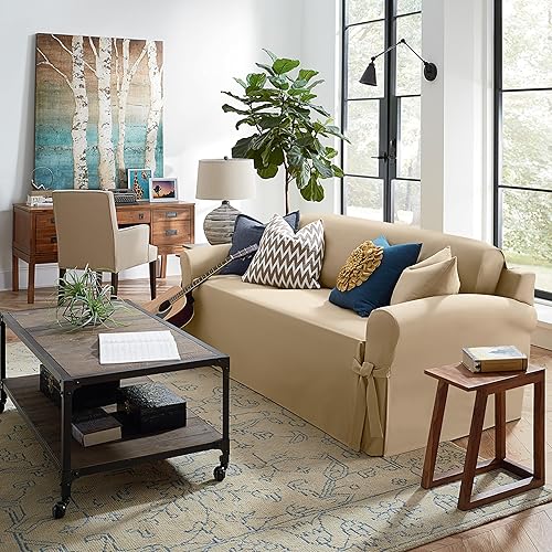 Miniatura 5 de SureFit Funda de cojín de algodón pesado para sofá biplaza  Funda de una pieza, ajuste tejido relajado, 100% algodón, lavable a máquina, natural,