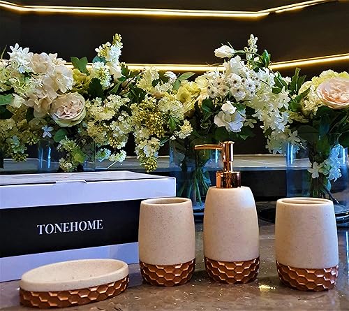 Miniatura 4 de Juego de accesorios de baño de oro rosa, juego de 4 accesorios de baño de piedra arenisca de lujo, soporte para cepillos de dientes, dispensador de