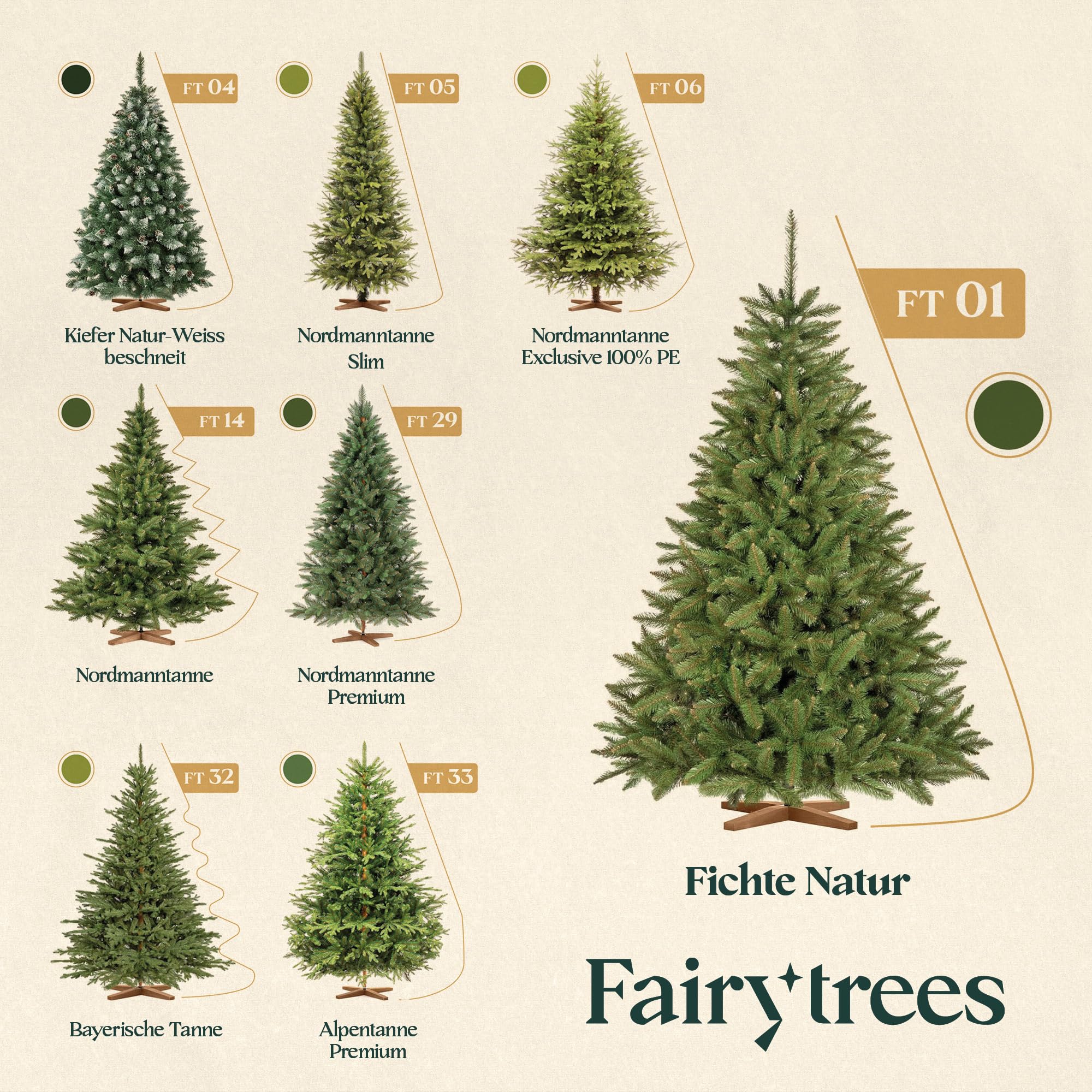 FairyTrees Weihnachtsbaum künstlich 180cm FICHTE Natur mit Christbaum Holzständer | Tannenbaum künstlich mit grünem Stamm | Made in EU