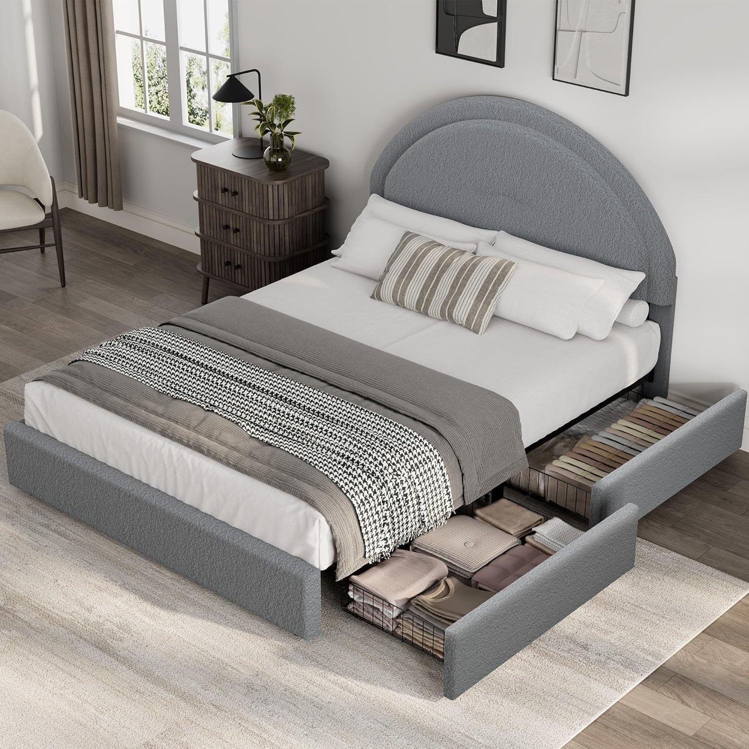 Queen Size Bed Frame with Storage Drawers, Upholstered Boucle Platform Bed with Round Headboard, No Box Spring Need, Sturdy Metal Slats Support, Easy Assembly, Grey