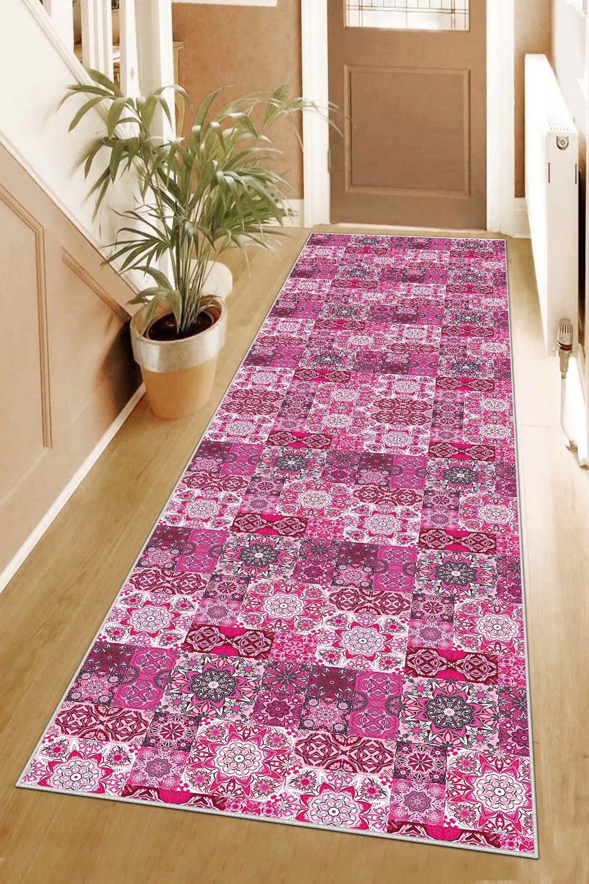 Pelangi Kilim Desenli Etnik Dijital Baskı Yıkanabilir Kaymaz Taban Modern Salon Halı ve Yolluk, Pembe 80 x 500, 9554926805007