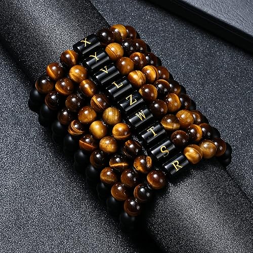 Miniatura 6 de Initial Bracelets for Men Charms Letter Mens Bracelet 10mm Natural Black Matte Agate Tiger Eye Stone Beads Braided Rope Customize Bracelet
