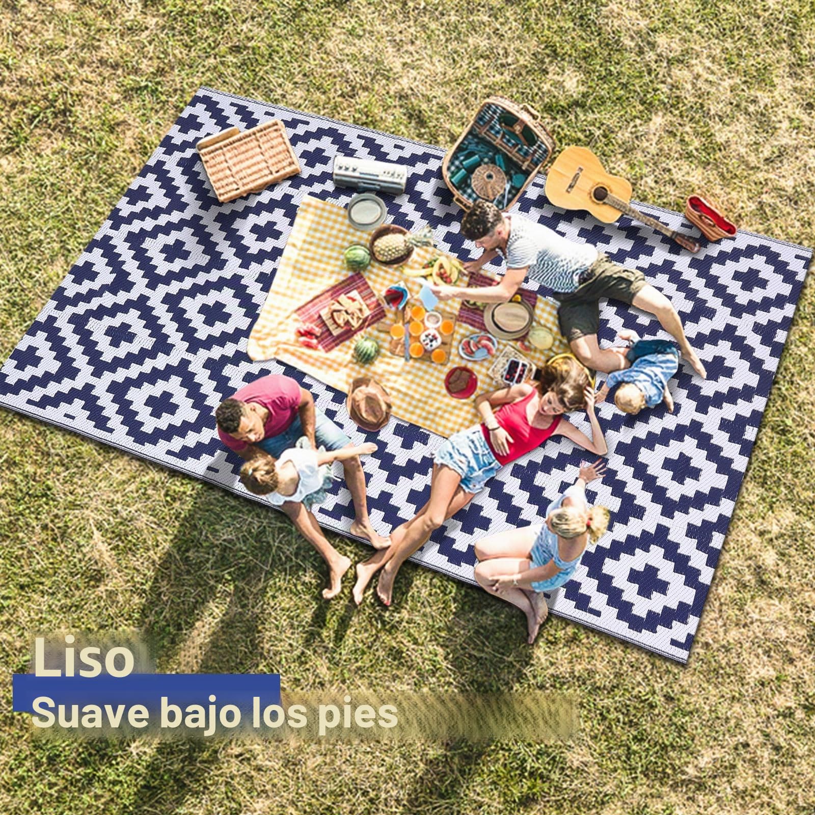 Homaxy Alfombra de exterior resistente a la intemperie, de plástico paja, resistente a los rayos UV, reversible, lavable, para balcón, jardín, terraza, camping, pícnic (150 x 240 cm, azul marino y