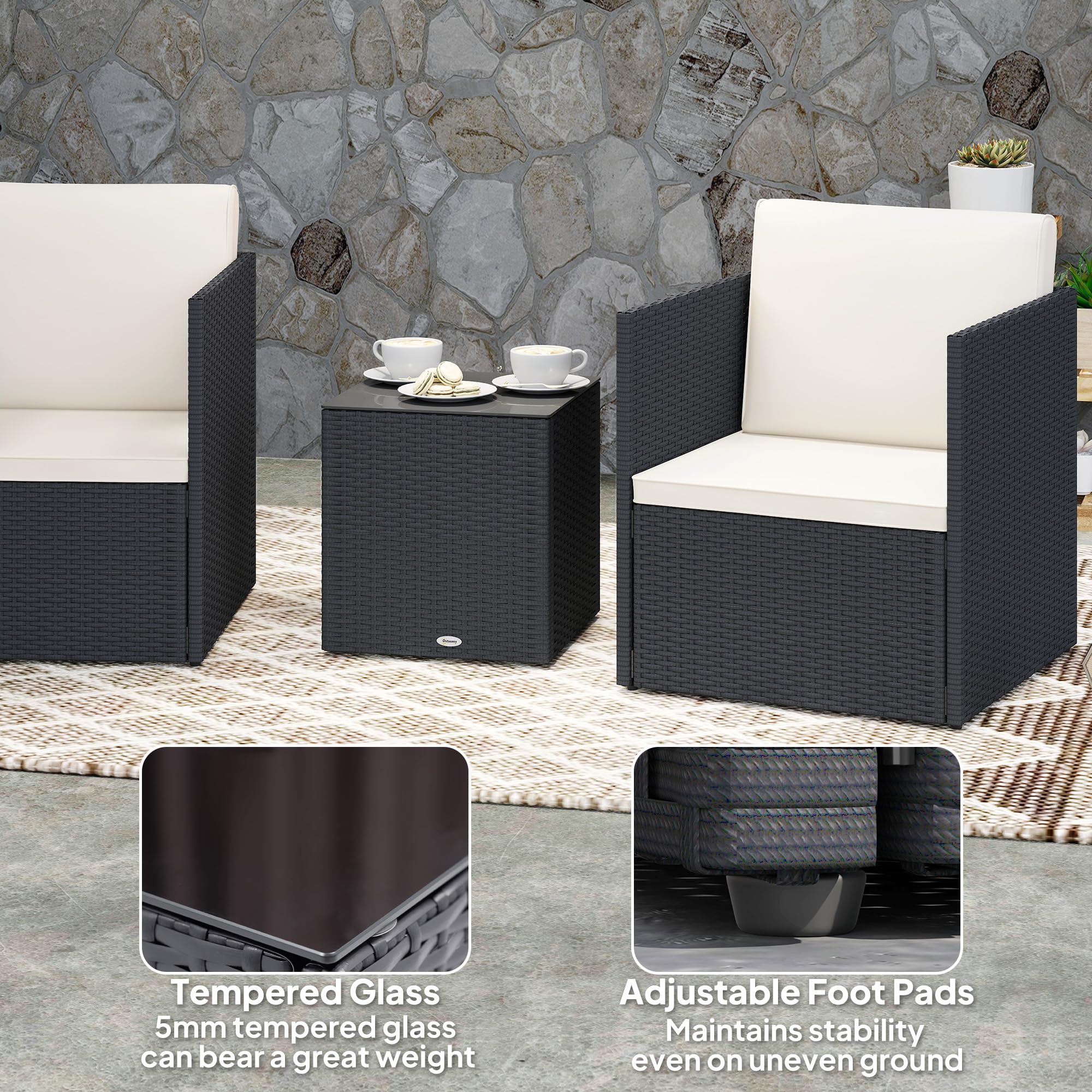 Juego de muebles de patio de 3 piezas, juego de bistró plegable de mimbre para exteriores con cojines lavables, patas ajustables y mesa de centro de cristal, fácil montaje para jardín, balcón 6