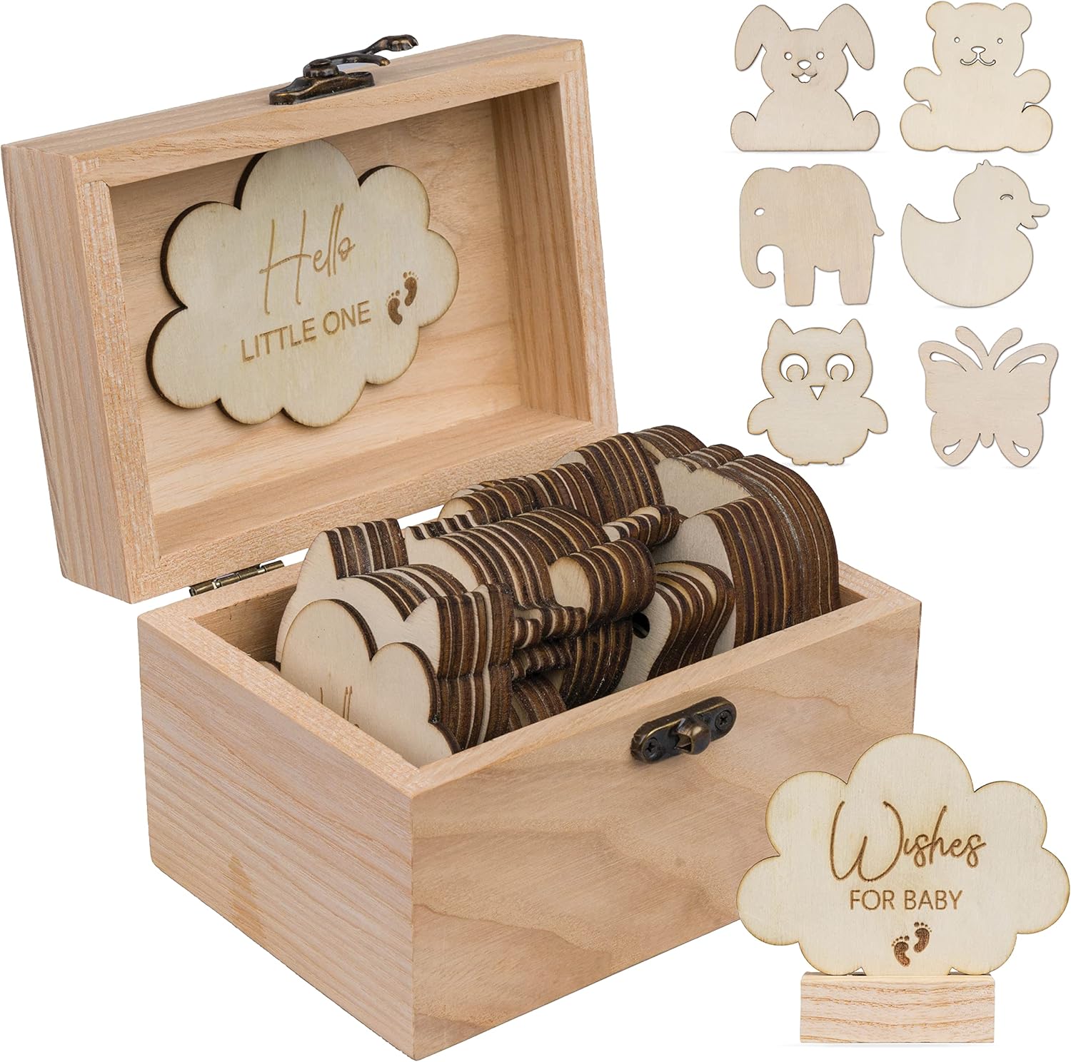 Jecor Baby Shower Guest Book - Cloud Signs - Baby Shower Guestbook Alternative, 60 Animal Shapes Including Elephant, Owl, Duck, Teddy Bear, Bunny and Butterfly - Natural, White, Pink, Blue, Green