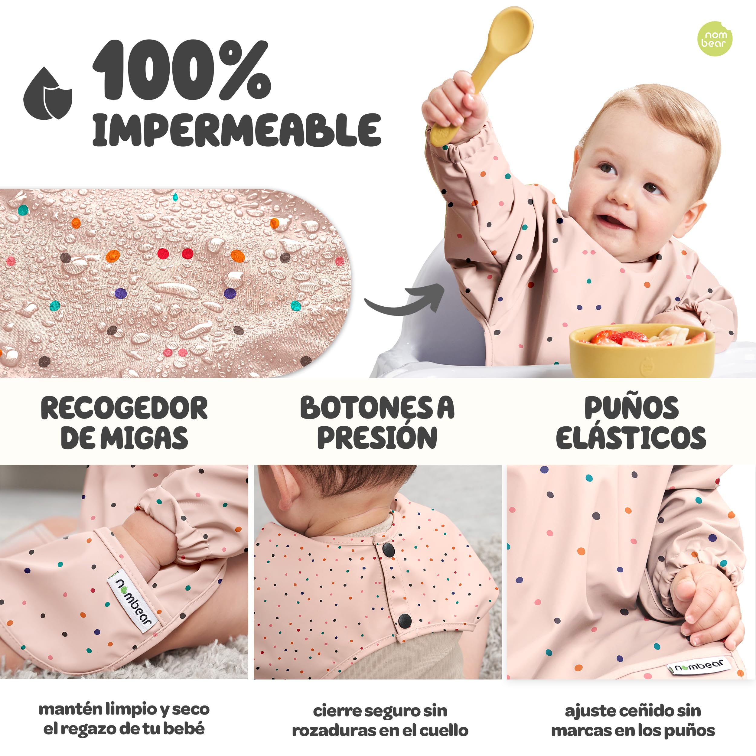 Nombear Baberos Bebé Impermeables con Mangas - Babero con Mangas Impermeable para BLW, desde 6 Meses, Fácil de Limpiar y de Secado Rápido