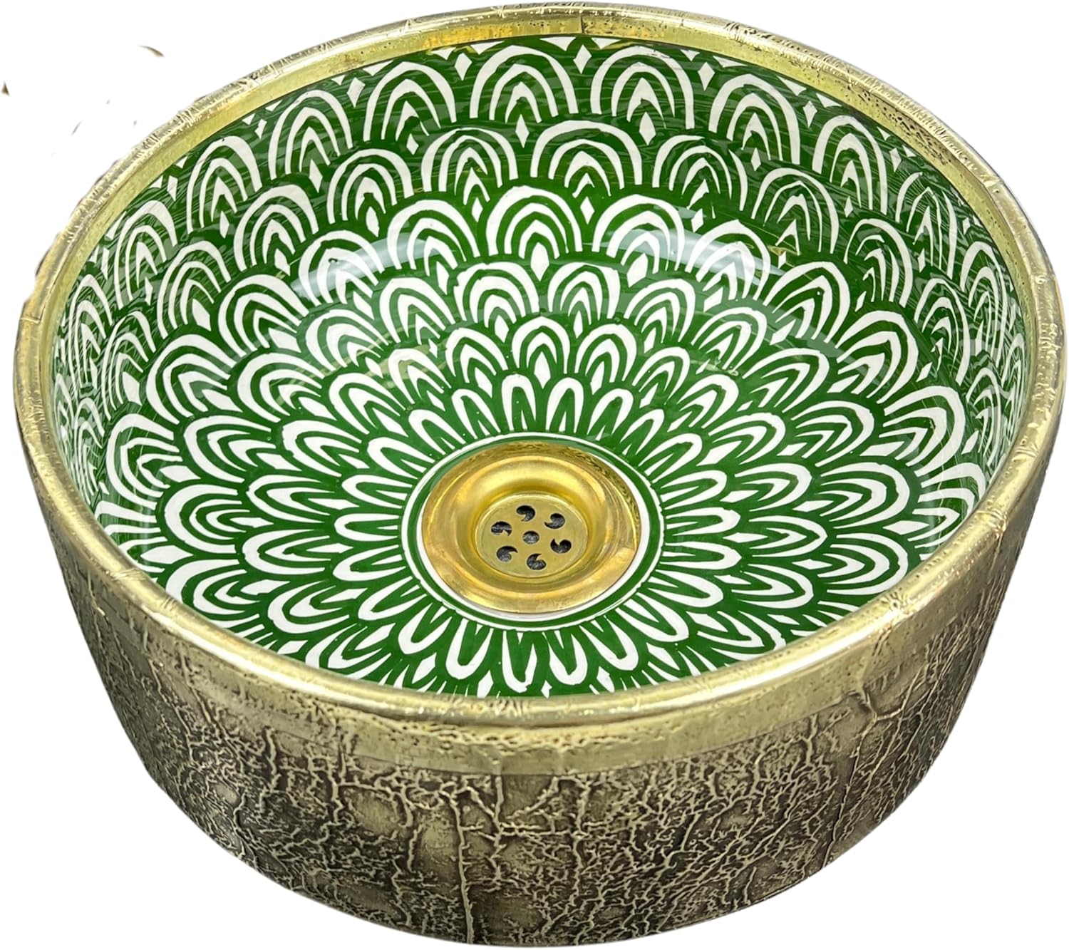 Handmade Moroccan Ceramic Vessel Sink – Green & White Floral Basin with Antique Brass Exterior – Round Bathroom Countertop Washbasin with Brass Drain (Orange, 8in = 20cm)