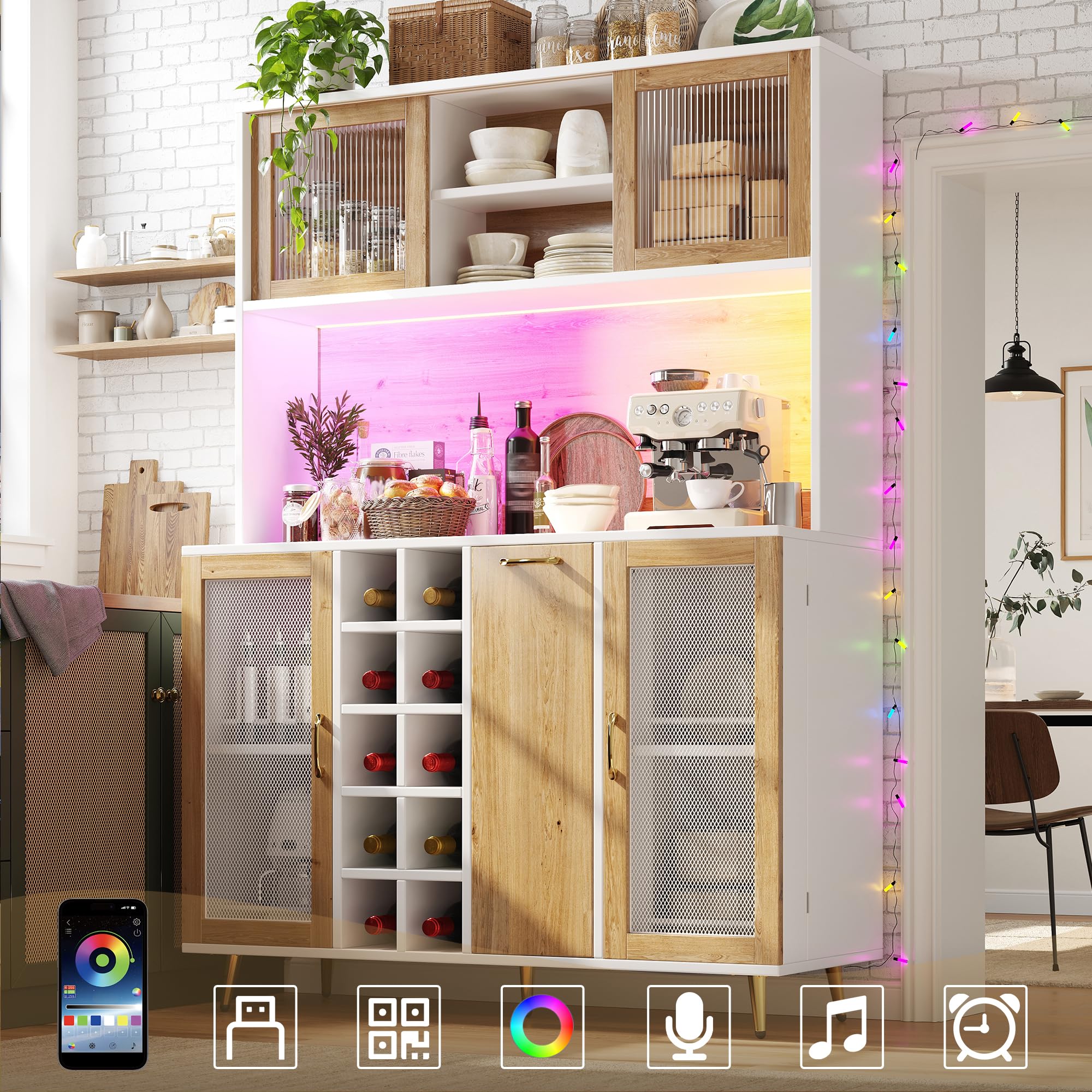 Buffet Cuisine, Armoire de Cuisine avec éclairage LED, Porte-Bouteilles et Rangement pour Snacks, 5 Portes, Prise Intégrée, Finition Blanche avec Décor Imitation Bois, 120 x 40 x 170 cm