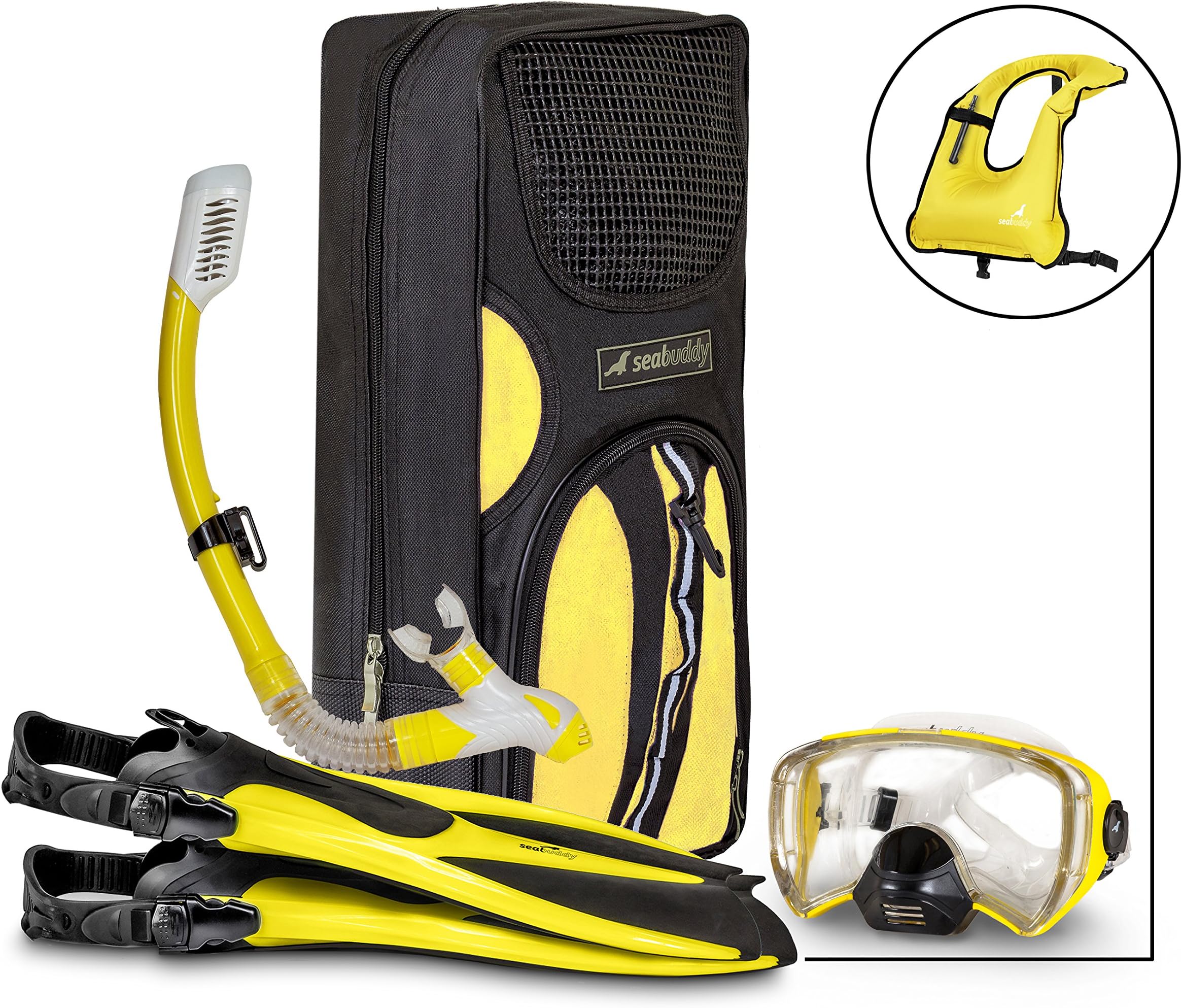 Fiji Panoramic Snorkel Set + Premium Travel Gear Bag ~ Vest Included (Yellow/Black, S/M Size 4 to 7.5)