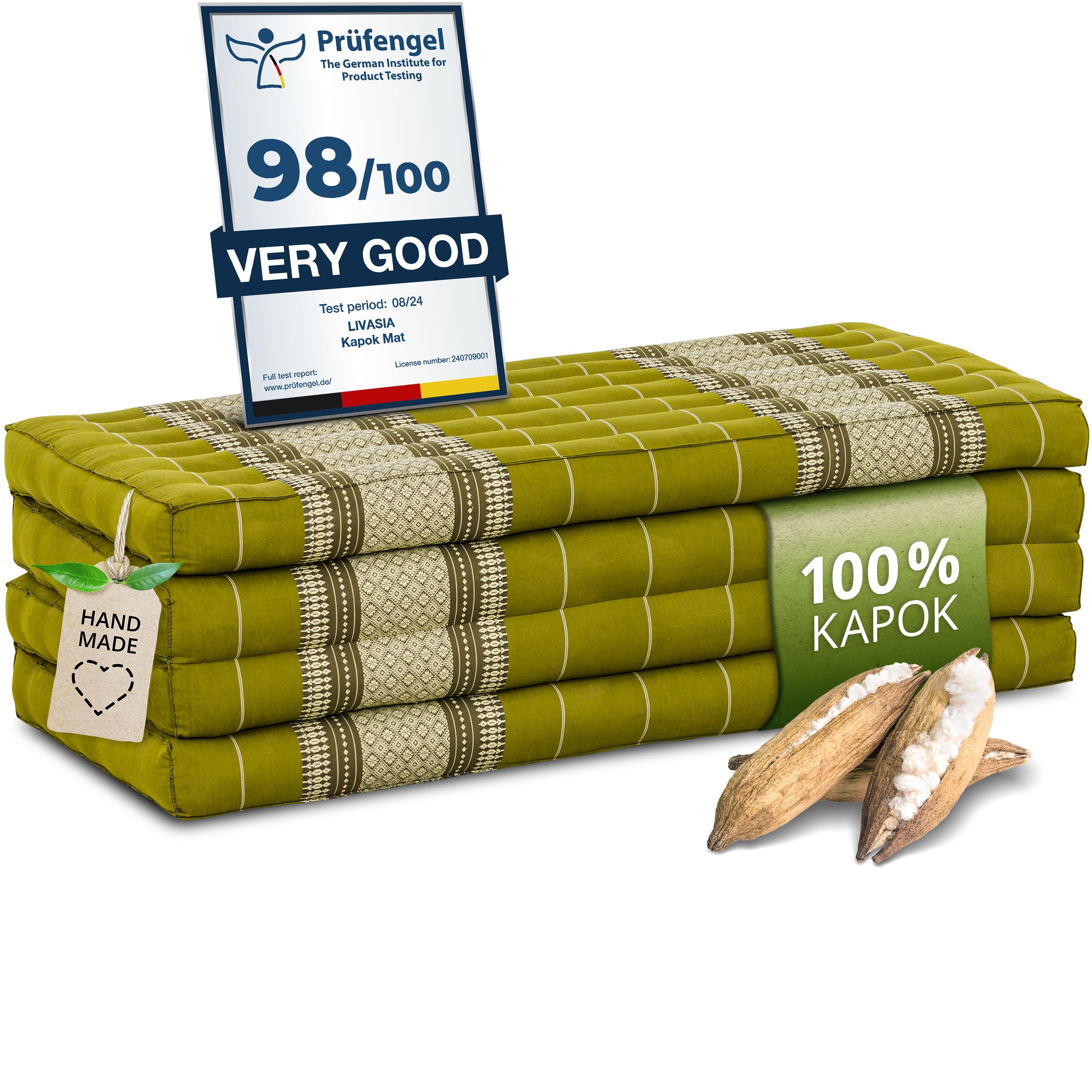 Sustainable kapok mattress - 79x43x3.1″ - Guest mat, wide, Folding mattress, Ecological yoga mat, Folding guest bed, Sun lounger for garden & balcony (Green)